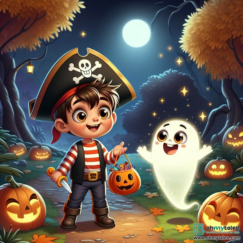 A 4-year-old boy named Tommy is dressed as a pirate with a shiny black hat and a red and white striped shirt. He has messy brown hair and a big smile on his face, showing both excitement and a bit of apprehension. He holds an orange plastic candy bag in one hand and a plastic sword in the other, looking around curiously. Beside him, a small ghost named Benny floats joyfully. Benny has round, bright eyes and a friendly smile. He is translucent and shimmers slightly, adding a magical touch to the scene. The setting is a dark and mysterious park filled with large trees with golden and orange leaves, illuminated by moonlight. Grinning pumpkins are scattered on the ground, and a light mist floats around them, creating a festive yet slightly spooky atmosphere. The main scene shows Tommy and Benny walking together through the park, with leaves dancing around them, while Tommy looks at the ghost in wonder, ready for a magical Halloween adventure.