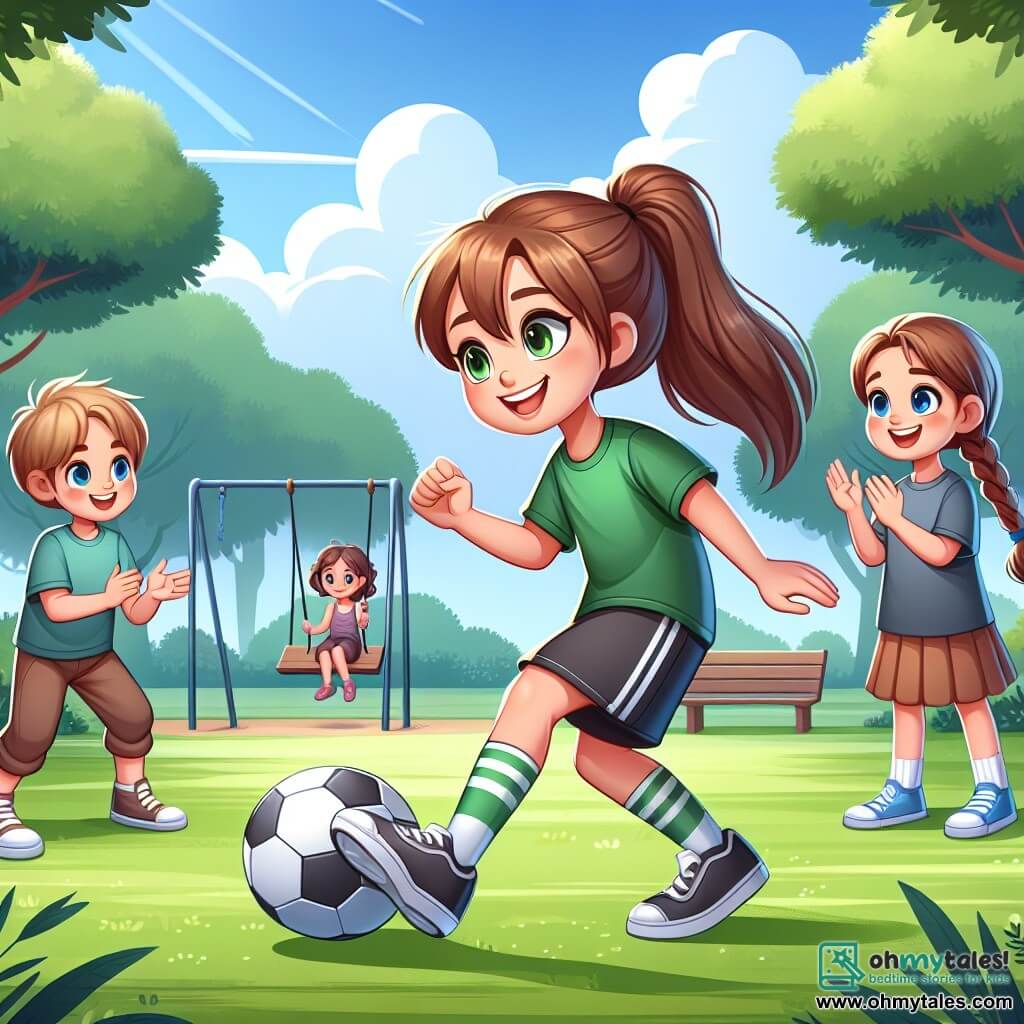 A young woman, Olivia, is at the center of the image, with brown hair tied in a ponytail and a warm smile on her face. She wears a green football jersey with the Eagles logo, black shorts, and sports shoes. She is showing the children how to dribble a football, her expression joyful and encouraging. To her right, a boy named Max, around 11 years old, has messy blonde hair and wears a blue t-shirt. He is trying to dribble the ball with a focused and determined look. To her left, a girl named Lily, also around 10 years old, with brown hair in braids, is clapping and smiling, full of enthusiasm for the game. The scene takes place in a lush park, with majestic trees in the background and children playing on swings. The ground is covered in fresh grass, and the sky is bright blue with a few fluffy white clouds. The main situation shows Olivia sharing her passion for football with Max and Lily, teaching them game techniques while creating an atmosphere of camaraderie and joy.
