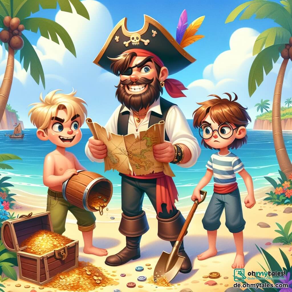 Käpt'n Finn ist ein Mann mit großem Lächeln, braunem Bart und einem Piratenhut mit buntem Feder. Er trägt ein weißes Hemd und eine rote Weste und hält eine alte Schatzkarte in der Hand, während seine Augen vor Aufregung funkeln. Neben ihm steht Ole, ein muskulöser Junge von etwa 10 Jahren mit zerzausten blonden Haaren und einem roten Bandana, der eine Holzschaufel schwingt, bereit zu graben. Lina, ein 9-jähriges Mädchen mit braunen Haaren und runden Brillen, schaut konzentriert auf die Karte. Die Szene spielt auf einer tropischen Insel mit grünen Palmen, bunten Blumen und einem goldenen Sandstrand. Im Hintergrund sieht man sanfte Wellen, die ans Ufer schlagen. Käpt'n Finn, Ole und Lina graben unter einer großen Palme und entdecken eine alte Holzkiste voller Goldmünzen und funkelnden Schmuckstücken, während die Sonne hoch am blauen Himmel scheint.