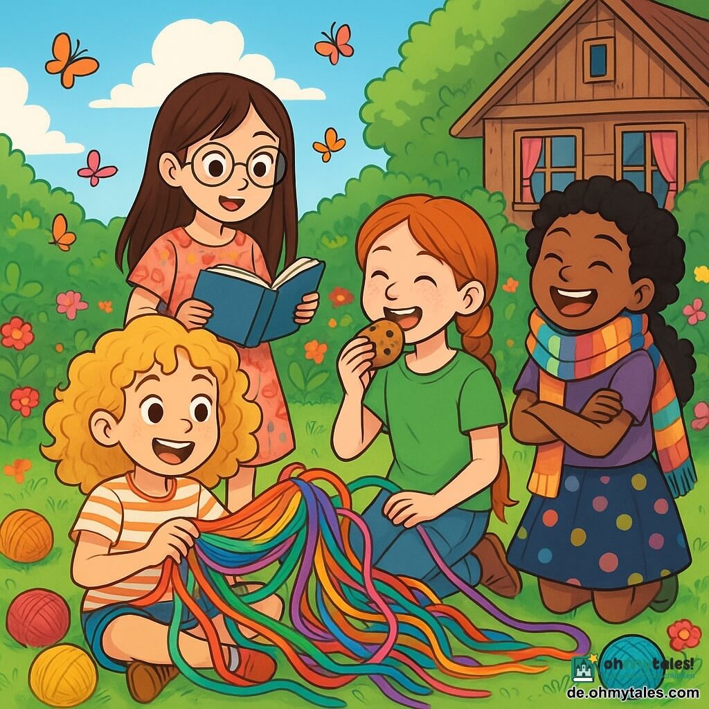 Es gibt vier Kinder: - Lotta: ein 10-jähriges Mädchen mit lockigem, goldenem Haar, das ein gestreiftes T-Shirt und eine blaue Shorts trägt. Sie sitzt auf dem Boden, umgeben von bunten Wollknäueln, und lächelt begeistert. - Lila: ein 9-jähriges Mädchen mit glattem, braunem Haar, das ein Blumenkleid und runde Brillen trägt. Sie steht neben Lotta, hält ein aufgeschlagenes Buch und schaut neugierig. - Nelli: ein 10-jähriges Mädchen mit roten Zöpfen, das ein grünes T-Shirt und eine Jeans trägt. Sie hockt und knabbert an einem Keks, mit einem amüsierten Gesichtsausdruck. - Fenja: ein 11-jähriges Mädchen mit schwarzen, lockigen Haaren, das einen großen bunten Schal und einen gepunkteten Rock trägt. Sie steht mit verschränkten Armen und lacht fröhlich, etwas abseits von den anderen. Der Hauptort der Handlung ist ein magischer Garten, gefüllt mit leuchtenden Blumen und bunten Schmetterlingen. Im Hintergrund steht ein altes Holzhaus mit bunten Vorhangfenstern und einem unordentlichen Garten, in dem Wollknäuel auf dem grünen Gras verstreut sind. Der Himmel ist strahlend blau, mit flauschigen Wolken. Die Hauptsituation der Geschichte zeigt die vier Freunde, die einen magischen Schal aus glitzernder Wolle herstellen, während sie lachen und sich gegenseitig helfen, während sie sich in die bunten Fäden wickeln und so ein fröhliches Durcheinander aus Farben und Lachen bilden.