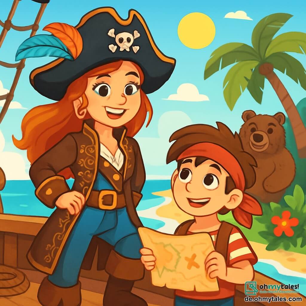 Eine Piratin, Kapitänin Lila, steht stolz auf dem Deck ihres Schiffes 'Die lachende Möwe'. Sie hat lange, wehen rote Haare, ein strahlendes Lächeln und funkelnde Augen voller Entschlossenheit. Sie trägt einen mit bunten Federn geschmückten Piratenhut und eine mit goldenen Stickereien verzierte Lederjacke. Neben ihr steht ein etwa 10-jähriger Junge namens Finn mit zerzausten braunen Haaren und einem roten Bandana, der Lila bewundernd ansieht und fest eine Schatzkarte hält. Im Hintergrund steht ein großer, brauner Bär mit weichem, zerzaustem Fell nahe einem Baum, die Augen voller Dankbarkeit, und beobachtet die Szene mit einem freundlichen Lächeln. Der Ort ist eine tropische Insel mit üppigen Palmen, leuchtenden Blumen und einem goldenen Sandstrand, während türkisfarbene Wellen sanft ans Ufer schlagen. Die Hauptsituation zeigt Lila und Finn, bereit für ein Abenteuer mit der Schatzkarte in der Hand, umgeben von der Aufregung der Entdeckung und Freundschaft, während die Sonne hoch am blauen Himmel scheint und ihren Weg zu neuen Erkundungen erleuchtet.