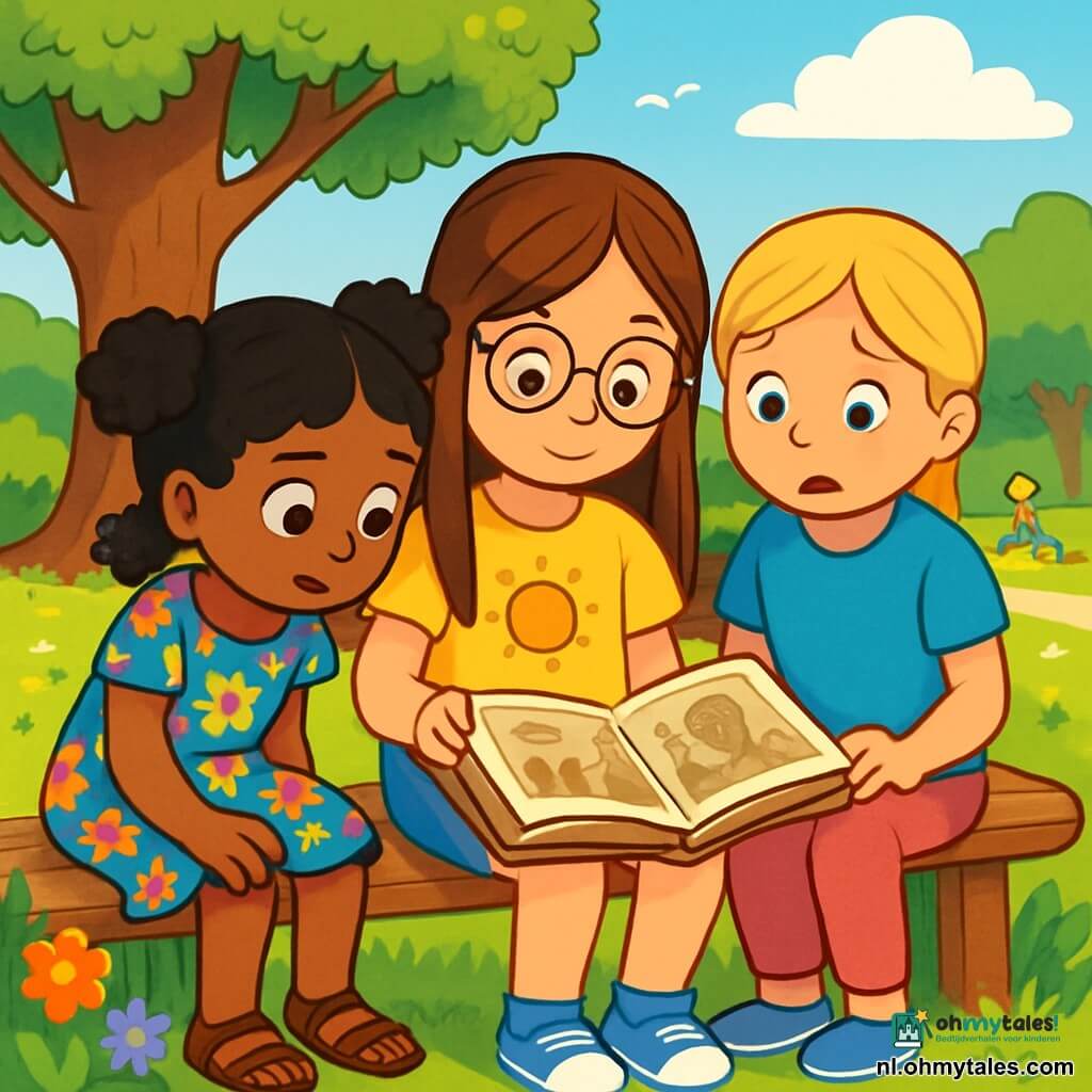 Er zijn 3 personages: - Saar: een 8-jarig meisje met lang bruin haar en ronde brillen. Ze draagt een gele t-shirt met een zonnenafbeelding en een spijkerbroekshort. Ze zit op een bank en houdt een oud boek open op haar schoot. - Noor: een 8-jarig meisje met zwart, krullend haar in twee staarten. Ze draagt een kleurrijke bloemenjurk en sandalen. Ze leunt naar voren en kijkt aandachtig naar de illustraties in het boek. - Lotte: een 8-jarig meisje met steil blond haar in een vlecht. Ze draagt een blauwe t-shirt en een roze broek. Ze zit naast Saar met grote ogen en toont bezorgdheid terwijl ze naar de afbeeldingen in het boek kijkt. De situatie speelt zich af in een zonnig park met een majestueuze grote eik op de achtergrond. Kleurrijke bloemen omringen het pad en kinderen spelen in de verte. De houten bank waarop de meisjes zitten is omringd door groen, en de lucht is helderblauw met enkele witte wolken. De hoofd situatie van het verhaal toont de drie meisjes die een oud mysterieus boek ontdekken dat over oorlog en vrede gaat. Ze zijn gefascineerd door de verdrietige en intrigerende illustraties, stellen vragen over de personages in het boek en zoeken naar manieren om wat licht en vriendelijkheid in de wereld te brengen.