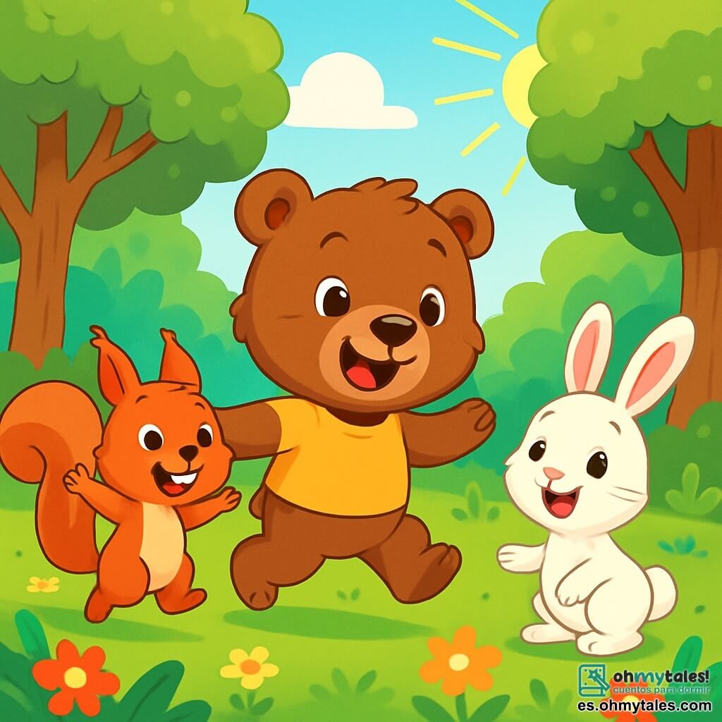 Un pequeño oso marrón llamado Bruno, con un pelaje suave y ojos brillantes de curiosidad, sonríe alegremente mientras juega en un claro soleado. Está rodeado de sus amigos, una ardilla roja llamada Sofía, que salta de emoción con su cola en forma de penacho y una gran sonrisa, y un conejo blanco llamado Lucas, que mira con ojos brillantes de alegría, listo para jugar. El lugar es un claro verde, bordeado de majestuosos árboles de hojas brillantes, con flores coloridas esparcidas por el suelo y un suave rayo de sol que ilumina la escena. La situación principal muestra a Bruno, Sofía y Lucas jugando juntos, riendo y divirtiéndose, ilustrando el espíritu de camaradería y tolerancia entre amigos, celebrando sus diferencias mientras se divierten juntos.