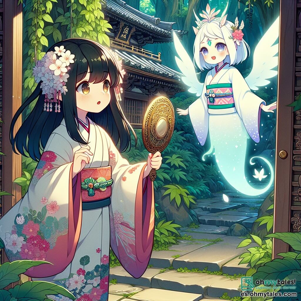 Aiko, una joven de 12 años con largos cabellos negros y brillantes, lleva un kimono colorido adornado con motivos de cerezos en flor. Muestra una profunda curiosidad y asombro, sosteniendo un antiguo espejo dorado en sus manos, mientras se encuentra en el umbral de un templo misterioso, rodeada de vegetación exuberante. Yuki-onna, un espíritu femenino de belleza etérea, flota a su lado. Ella lleva un kimono blanco que parece hecho de nieve, con ojos brillantes como estrellas, y sonríe calurosamente a Aiko, ofreciéndole su apoyo. El lugar es un antiguo templo japonés, escondido en el corazón de un denso bosque, con puertas de madera tallada cubiertas de hiedra y rayos de sol filtrándose a través del follaje, creando una atmósfera mágica y pacífica. La situación principal muestra a Aiko descubriendo el espejo mágico, lista para entrar en un mundo de kami, mientras Yuki-onna la anima con benevolencia, simbolizando el comienzo de su aventura juntas.