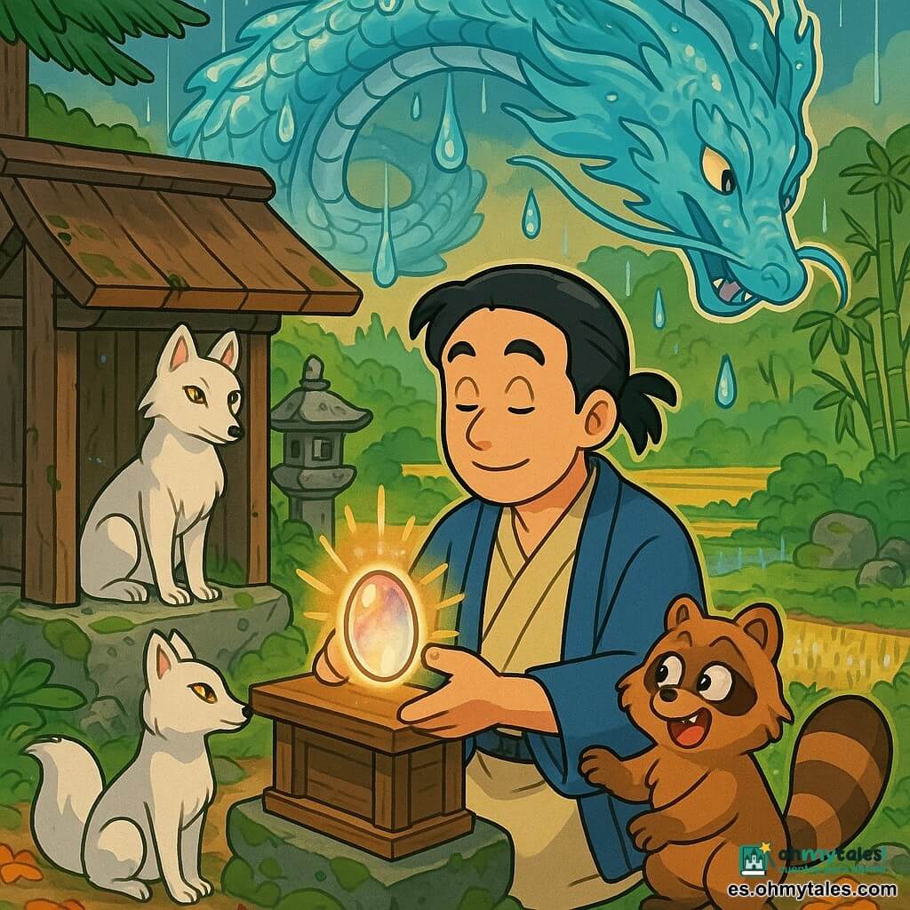Un hombre llamado Haruki (unos 35 años), de rostro sereno y decidido, con kimono beige y haori azul, arrodillado ante un pequeño altar de madera sostiene un cristal oval que emite luz dorada y rosada; a su derecha un tanuki pequeño de pelaje marrón, con mirada traviesa, toca el borde del altar; un zorro blanco mensajero está sobre una piedra detrás del altar, atento con ojos ámbar; en el cielo desciende en espiral un gran dragón de agua hecho de nubes translúcidas y espuma, azul turquesa, con escamas como vidrio y gotas de lluvia que brillan como perlas; el lugar es un antiguo santuario de madera en un claro de pinos y bambúes con piedras musgosas, linternas de piedra y campos de arroz brillantes al fondo; Haruki coloca el cristal en el altar, su luz se mezcla con las volutas del dragón-nube y provoca una lluvia suave sobre los arrozales — ambiente mágico, colores cálidos, contrastes marcados y rasgos redondeados que recuerdan dibujos animados de los 90.