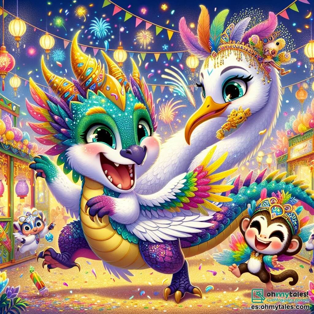 Ilustración que representa a un joven dragón con escamas brillantes de colores del arcoíris, ojos chispeantes de emoción y una amplia sonrisa en su rostro. Está bailando alegremente en medio de una fiesta colorida, con las alas desplegadas, dejando escapar chispas de luz. A su lado, una grácil grulla de plumas blancas y doradas, con una mirada benevolente y una leve sonrisa, canta, añadiendo un toque de magia al ambiente festivo. Un pequeño mono travieso, con un sombrero adornado con plumas multicolores, salta a su alrededor, riendo y mostrando su entusiasmo. El lugar principal es un carnaval brillante, lleno de farolillos coloridos colgados en el aire, confeti cayendo como estrellas y puestos decorados con flores vibrantes. Criaturas fantásticas bailan al ritmo contagioso de la música, creando una atmósfera de alegría. La situación principal muestra al joven dragón y sus amigos celebrando juntos, rodeados de música y risas, mientras se preparan para enfrentar un desafío mágico para proteger la alegría del carnaval. Elementos gráficos adicionales incluyen fuegos artificiales iluminando el cielo nocturno, globos flotantes y guirnaldas de flores, creando un marco encantador y festivo que evoca el espíritu del carnaval.