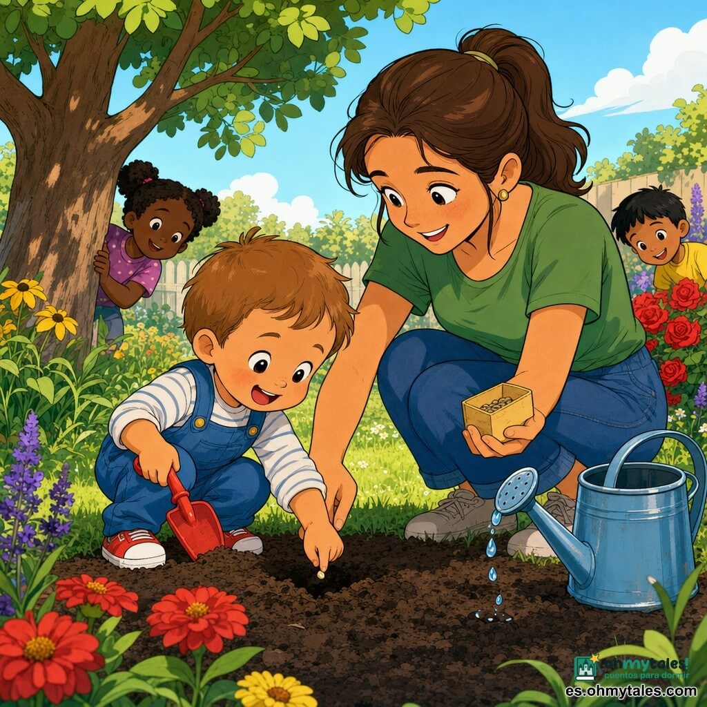 Niño de 2 años, alegre y curioso, pelo castaño corto, mejillas redondas y amplia sonrisa, lleva peto azul y zapatos rojos; sostiene una pala de plástico y planta una semilla en tierra oscura. Una mujer (mamá) de 30–35 años, pelo castaño recogido en coleta, camiseta verde y vaqueros, agachada junto a él, sostiene una caja de semillas y guía su mano mientras sonríe. En el fondo, jardín soleado con césped verde, flores rojas, amarillas y violetas, un árbol frondoso y una regadera metálica azul; se aprecia la semilla en la tierra, dedos pequeños que la cubren, gotas de agua brillantes cayendo de la regadera, luz cálida de mañana, sombras suaves, colores vivos y estilo simple y expresivo para niños pequeños.