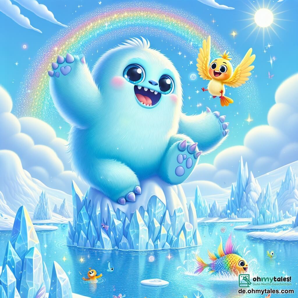 Auf dem Gipfel eines majestätischen, funkelnden Eisbergs steht ein sanftes und freundliches Monster namens Momo. Momo ist ein großes Monster mit pastellblauem Fell, runden, leuchtenden Augen und einem breiten Lächeln, das sein Gesicht erhellt. Er drückt immense Freude aus, springt vor Glück mit erhobenen Armen zum Himmel. Neben ihm sitzt ein kleiner, bunter Vogel mit leuchtend gelben Federn, der fröhlich singt. Er sitzt auf Momos Schulter, seine Flügel ausgebreitet und verleiht der Szene einen Hauch von Magie. In der Nähe springt ein lächelnder Fisch mit schimmernden Schuppen und lebhaften Flossen aus einem klaren See, spielt und spritzt Wasser, wodurch Regenbögen aus glitzernden Tropfen entstehen. Die Umgebung ist eine märchenhafte Landschaft mit schneebedeckten Bergen im Hintergrund, einem hellblauen Himmel mit flauschigen Wolken und einem funkelnden See, umgeben von Eiskristallen, die in der Sonne glänzen. Die Hauptsituation zeigt Momo, das Monster, und seine Freunde, den kleinen Vogel und den Fisch, die ihre Freundschaft auf dem Gipfel des Eisbergs feiern und bereit sind, gemeinsam einen Wunsch vor dem wunderschönen, strahlenden Kristall zu äußern.