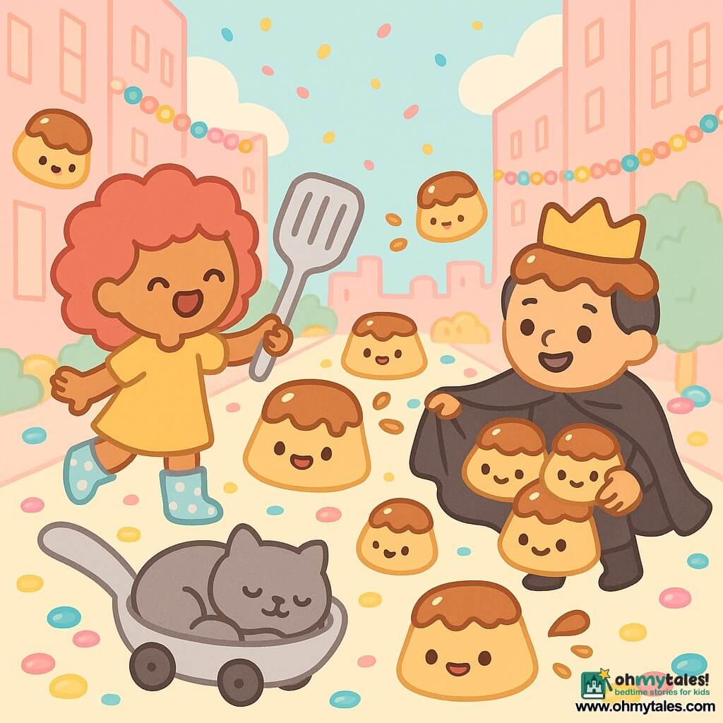 Luna, joyfully mischievous with raspberry curly hair and polka-dot boots, holds a silver spatula laughingly reaching for a wiggling pudding; Mr. Gloom, ~45, surprised but smiling, in a black cape and pudding crown scoops wobbling puddings with his cape; Whiskers, a round gray cat, sleeps on a spoon-shaped cart while small shiny pudding creatures with sweet eyes bounce and splash caramel droplets; setting: Jellybean City street with tall pink buildings, candy garlands, jellybean-covered sidewalks and a pastel sky with confetti; scene: a comedic parade in joyful chaos—flying puddings and Luna and Mr. Gloom gathering desserts; style: minimal kawaii, simple shapes, clean background, thick outlines, saturated candy-pink, banana-yellow and sky-blue palette, soft light and very light shadows.
