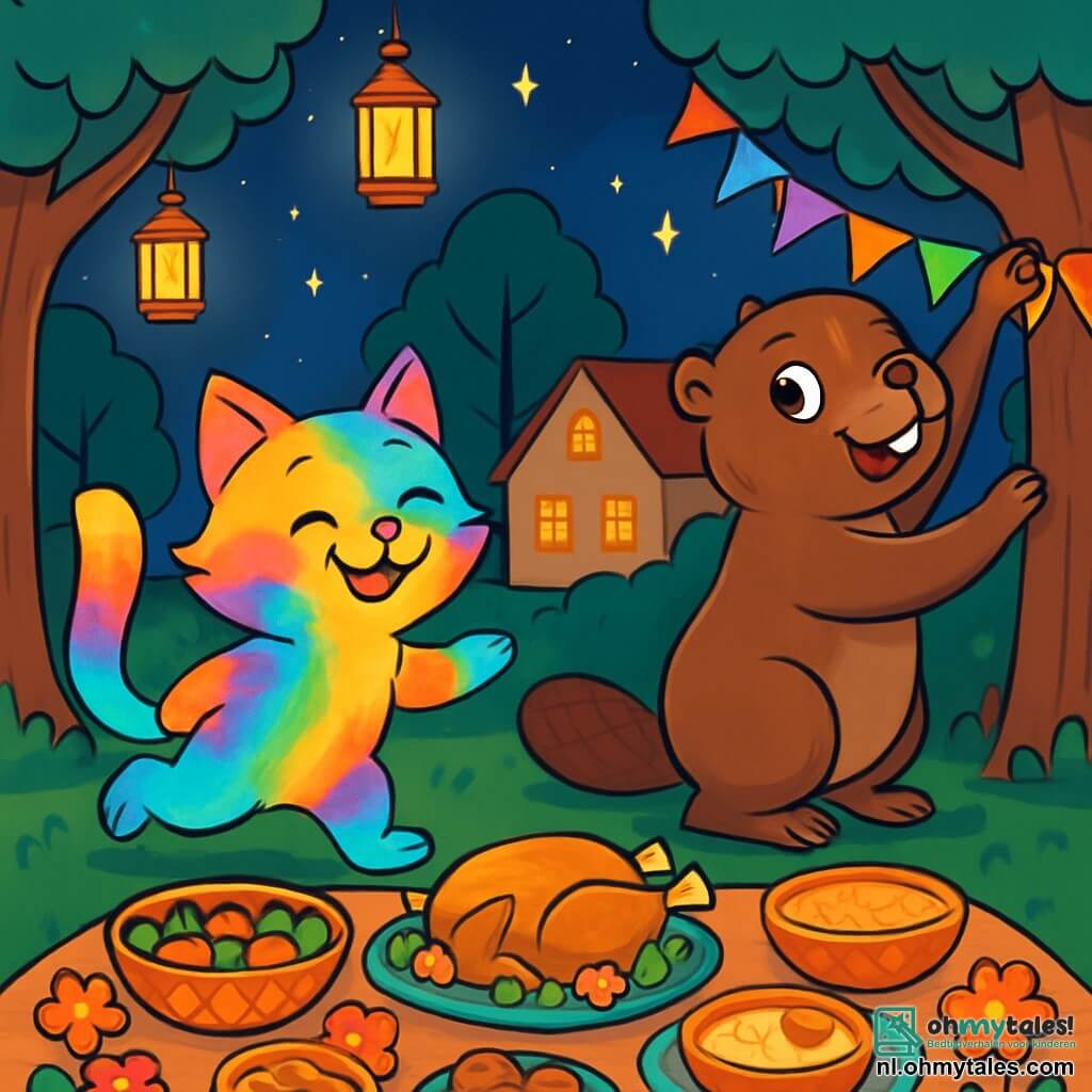 Ramie, een kat met glanzende en kleurrijke vacht als een regenboog, is vrolijk en glimlachend, terwijl hij rondhuppelt rond een grote tafel versierd met bloemen en smakelijke gerechten. Naast hem is Bibi, een bever met een bruine vacht en sprankelende ogen, druk bezig met het ophangen van kleurrijke slingers, met een uitdrukking van concentratie en geluk. Op de achtergrond wordt het dorp verlicht door fonkelende lantaarns, met majestueuze bomen en sterren die stralen in een nachtelijke lucht. De scène straalt een feestelijke en warme sfeer uit, waar de dieren samenkomen om een gezellige maaltijd te vieren na een dag van vasten.