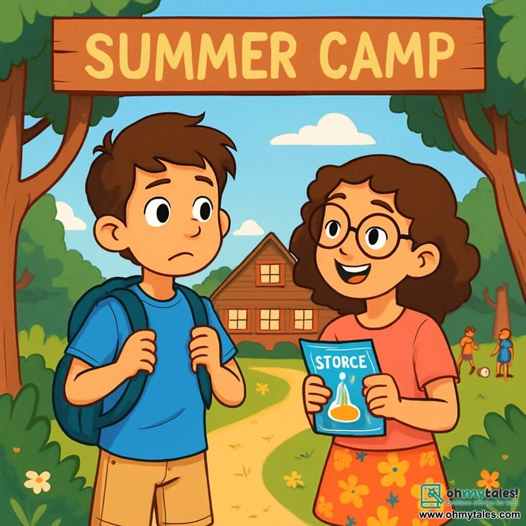 A 12-year-old boy, Sam, with chestnut hair and sparkling curious eyes, stands at the entrance of a summer camp, his face showing a mix of excitement and a hint of nervousness. He wears a bright blue t-shirt and beige shorts, firmly holding his backpack on his shoulders. Next to him, a 12-year-old girl, Mia, with curly hair and round glasses, smiles joyfully while talking about the upcoming science activity. She wears a pink t-shirt and a floral skirt, holding a colorful brochure in her hands. In the background, there is a large wooden building with bright windows, surrounded by a vast green field dotted with wildflowers and groups of children playing ball. Majestic trees line the site, providing shade and a welcoming atmosphere. The main scene shows Sam hesitating between joining Mia for the science activity or exploring the sports area with a counselor. The illustration captures this moment of choice, with bright colors and joyful expressions, reflecting the spirit of adventure and camaraderie of the summer camp.