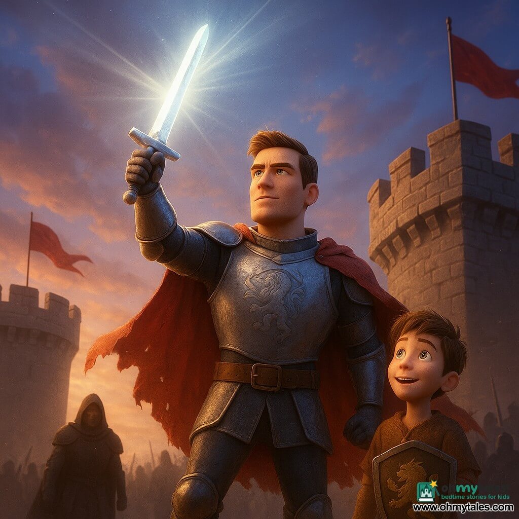 Main knight: an adult male with a square face and short chestnut hair in polished steel armor engraved with lions, a torn red cape, determined calm expression, holding the glowing Celestial Sword raised to the sky with silver light pulsing around the blade; secondary: Alaric, about 12, youthful enthusiastic face, simple tunic and small lion-adorned shield, standing just behind the knight on the battlements looking admiringly; enemy warlord: adult hooded dark silhouette in matte black armor below the walls, surrounded by a blurred horde of shadowy soldiers; location: top of grey stone medieval castle walls with studded red flags, chipped stones, light dust and smoke, dawn sky with golden rays through blue-violet clouds; scene: heroic sunrise confrontation as the knight projects a large silver beam toward the enemy with defenders gathered behind, dramatic yet inspiring, dynamic low-angle composition and cinematic lighting emphasizing metal reflections and magical glow.