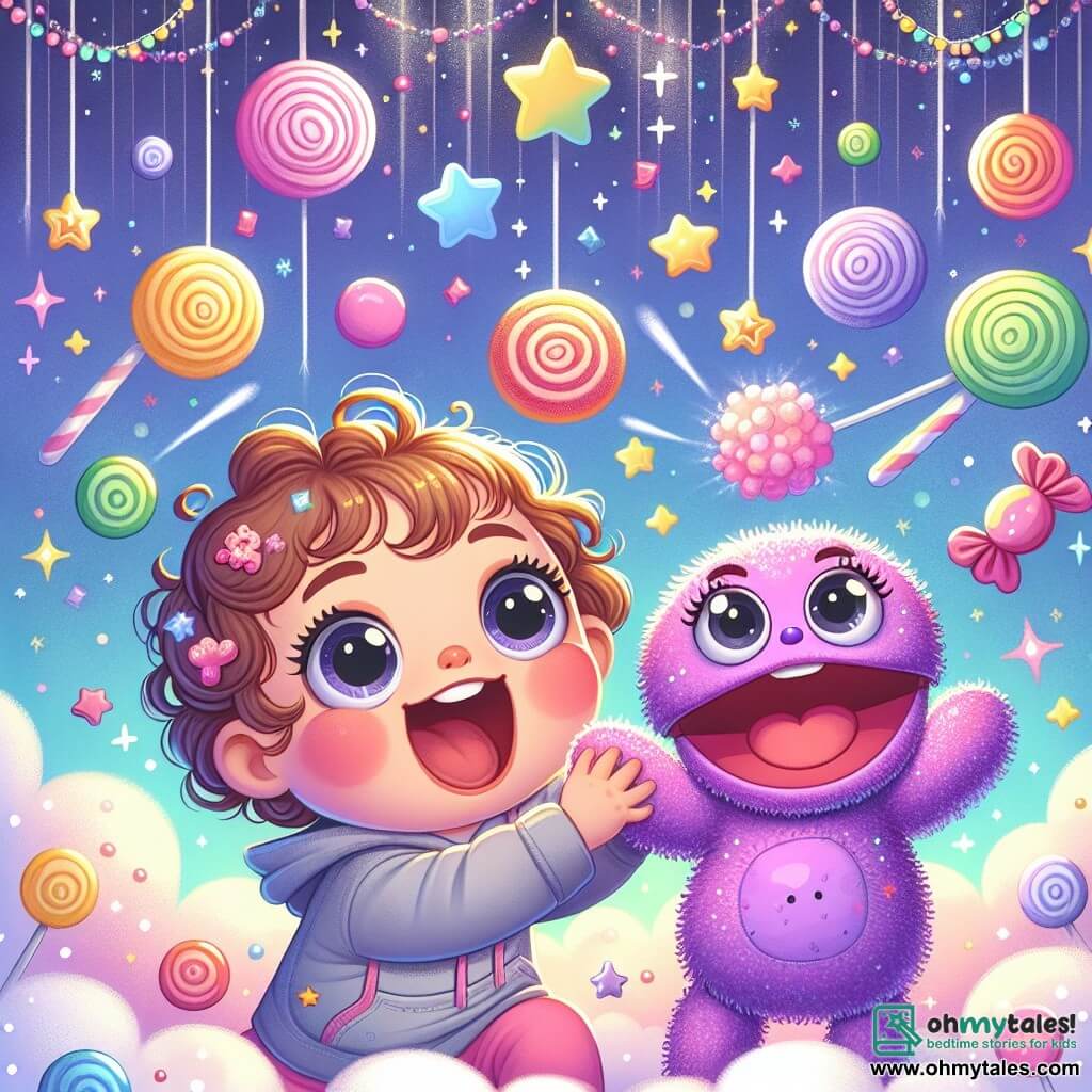 A one-year-old girl with big round eyes and curly hair smiles in wonder, holding a funny purple sock that dances in her hands. The sock, with sparkling eyes and a big smile, twirls joyfully next to her. The background features a starry sky filled with fluffy clouds and floating colorful candies, creating a magical and joyful atmosphere. In the distance, twinkling stars shine like diamonds, adding a touch of enchantment to the scene. The girl and the sock are about to dive into a cloud of candies, laughing together as a gentle breeze floats the sweets around them. It's a moment of pure happiness and adventure, where imagination comes to life in a dream world.