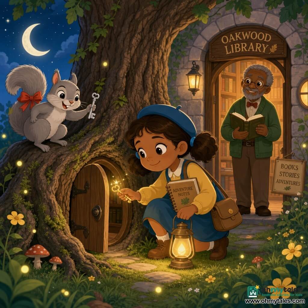 The protagonist is a 6-year-old girl with a round face, brown pigtails, a small blue hat, large curious eyes and a determined smile; she holds a notebook and a small yellow lantern. A lively gray squirrel with a red ribbon on its tail holds a small silver key and perches on a nearby root. An elderly male librarian, about 60, with round glasses and a short gray beard watches from the stone library entrance, holding an open book and smiling softly. The setting is the base of a wide-trunked oak with knotted roots and a small round wooden door in the bark, green grass dotted with yellow flowers and floating fireflies. The scene shows the girl crouched opening the tiny door by moonlight as the key glints in her hand, the squirrel waits on the root and the librarian stands watch; warm, pastel tones, clear contrasts and simple shapes.
