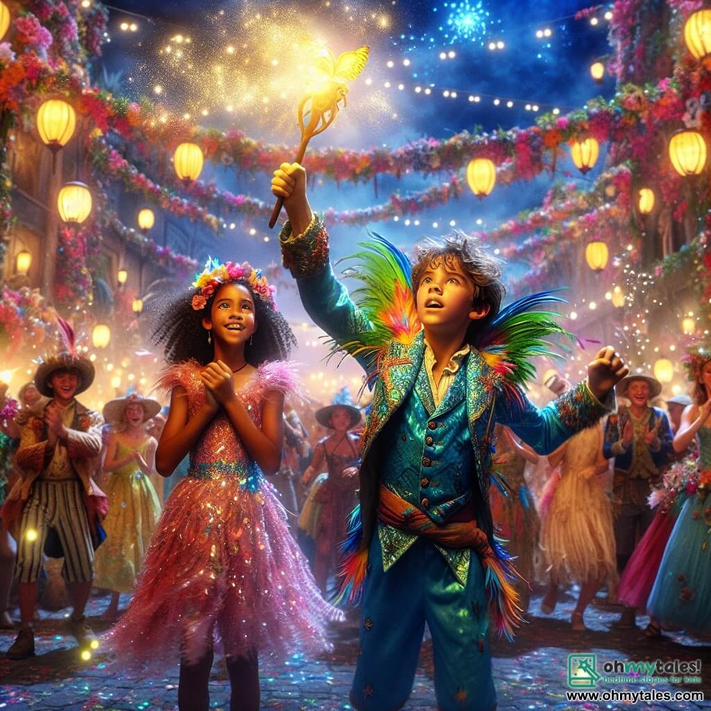 An 11-year-old boy, Sammy, stands center stage, dressed in a vibrant costume adorned with parrot feathers and sparkling sequins. His face shows intense joy and determination, with sparkling eyes full of curiosity as he raises a wooden amulet, radiating a golden light, towards the sky. Next to him, Mia, a 10-year-old girl, is dressed as a starfish in a shimmering blue and pink dress. She beams with a wide smile, her curly hair blowing in the wind, enthusiastically applauding while slightly stepping back to admire Sammy. In the background, the scene unfolds in a lively square of Coral Isle, decorated with colorful flower garlands and illuminated lanterns. People in various costumes dance and sing, creating a festive and vibrant atmosphere, while fireworks burst in the starry sky, casting light on the joyful crowd. The main focus shows Sammy, heart racing, lifting the magical amulet to share the light and joy of the carnival with all the residents, symbolizing unity and the celebration of their culture.
