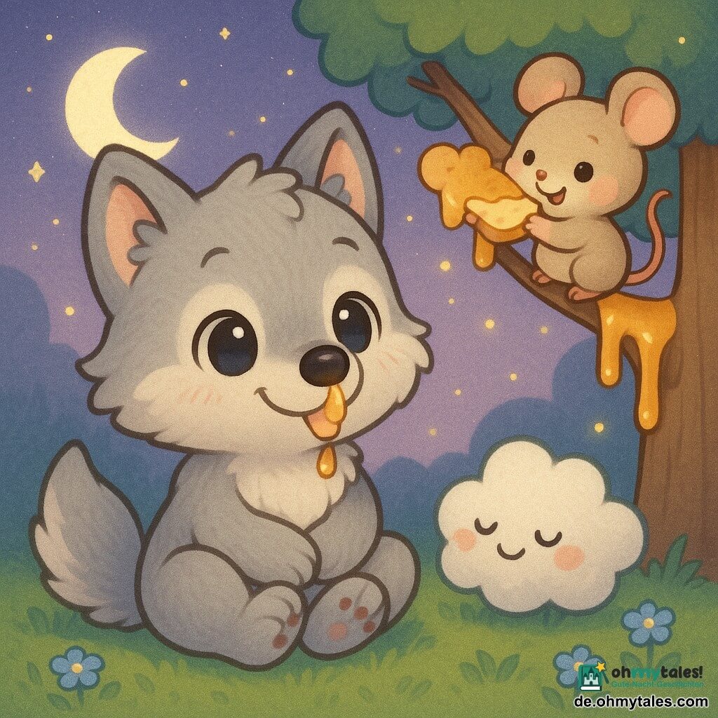 Die Hauptfigur ist ein kleiner Chibi-Wolf mit hellgrauem, weichem Fell, runden glänzenden Augen und warmem Lächeln, sitzt mit gekreuzten Pfoten und leckt einen goldenen Honigtropfen von seiner Nase. Die Maus Mimmi ist eine runde beige Maus mit rosa Backen und schelmischem Blick, hängt an einem Ast des Honigbaums auf Kopfhöhe des Wolfs und teilt ein Stück Honigbrot. Eine wolkenförmige kleine Schafwolke ist flauschig weiß mit watteartigen Konturen, geschlossenen Augen und verträumtem Lächeln und liegt wie ein weicher Freund neben dem Wolf auf der Wiese. Schauplatz ist eine nächtliche Waldlichtung mit grüner Wiese und blauen Blumen, einem großen braunen Baum mit glänzenden Honigrinnen, funkelnden gelben Glühwürmchen und silbernem Mond vor violettem Himmel. Szene: zärtlicher, heiterer Dämmerungsmoment; Wolf und Maus genießen gemeinsam Honig, Pastellfarben, weiches Licht, kindlich-niedlicher Stil.