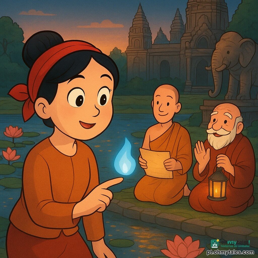 A personagem principal é Ananda, mulher de rosto redondo e cabelo preto preso por um lenço vermelho, expressão maravilhada e serena, segurando uma pequena chama azul e suave na ponta do dedo; um personagem secundário é Somchai, homem baixo (~35 anos), monge de roupa ocre e cabeça rapada, sorriso tímido, ajoelhado alguns passos atrás com um velho pergaminho que brilha fracamente; outro secundário é o guarda idoso (~70 anos), bigode branco e largo, sentado ao fundo junto a um grande pórtico de elefante, aplaudindo suavemente e segurando uma lanterna de metal; o local é a margem de um lago de lótus ao crepúsculo — água espelhada, grandes flores cor-de-rosa e folhas verdes flutuantes, margens de pedra cobertas de musgo, estátuas de elefantes e um templo antigo com torres esculpidas ao fundo; situação: Ananda desperta uma pequena chama mágica numa concha à beira do lago; a luz azul ilumina os rostos, reflexos dourados dançam na água, atmosfera suave, histórica e fantástica.