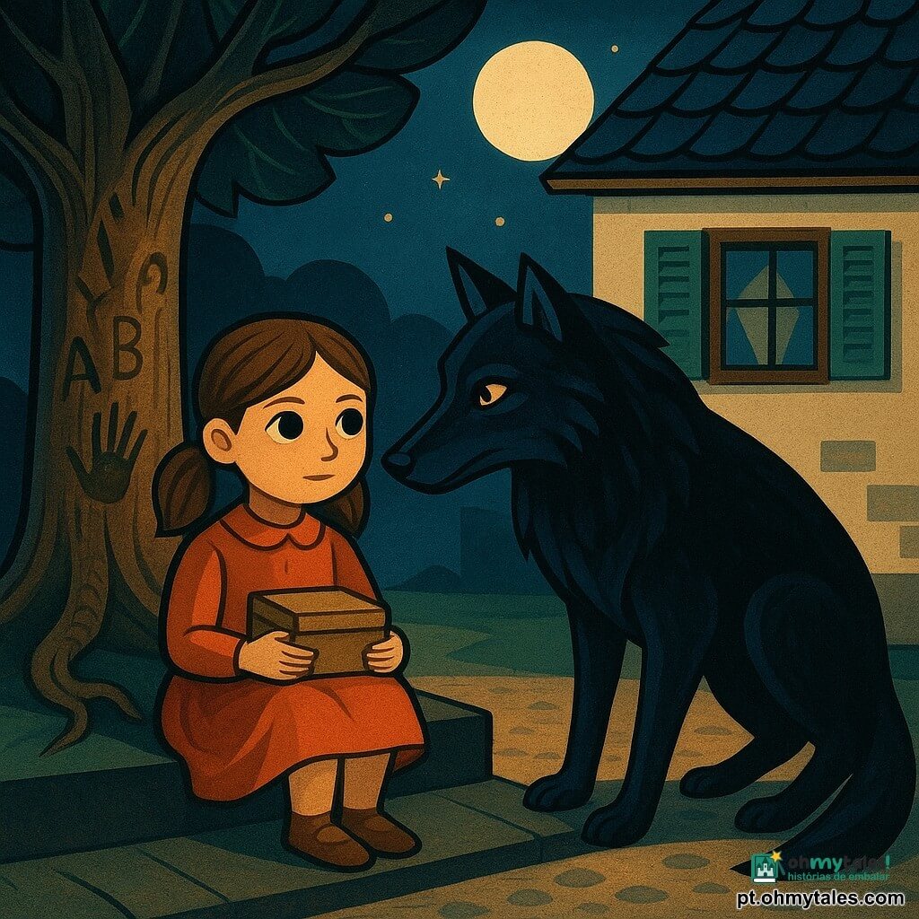 Uma menina de 6 anos, rosto redondo, cabelos castanhos em duas tranças, olhos grandes e curiosos, expressão calma e determinada, sentada no degrau de uma casa de telhas escuras segurando uma pequena caixa fechada contra o peito; à sua frente, a poucos passos, um grande lobo escuro de pelo brilhante com reflexos azulados e olhos âmbar em postura cautelosa, cabeça inclinada sem agressividade; à esquerda, um velho carvalho esculpido com marcas e raízes aparentes; ao fundo, casa da vila de paredes creme e postigos verdes, lanterna apagada e chão de cascalho claro; atmosfera noturna suave com céu índigo, lua pálida e poucas estrelas, luz da lua projetando sombras longas; cena equilibrada e silenciosa, troca tensa entre a menina que protege a caixa e o lobo curioso, sem violência.
