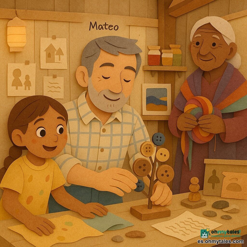 Mateo, hombre sonriente y sereno de cabello gris claro en mechones y pequeña barba, con camisa de cuadros y mangas remangadas, ajusta delicadamente una escultura de botones y madera sobre una mesa; a la izquierda, una niña de unos 8 años con trenza y vestido amarillo manchado de pintura toca suavemente un trozo de tela; detrás, una anciana hilandera de unos 70 años con la piel arrugada y un chál colorido sostiene un ovillo de hilos multicolores y mira la escena con orgullo; la sala de exposiciones, un taller transformado, tiene paredes de madera clara cubiertas de bocetos, estantes con frascos de pigmentos naturales y faroles colgantes que irradian luz cálida; en las mesas hay obras ensambladas —pinturas con tierra y azul marino, esculturas de corchos y huesos de fruta, papeles arrugados con notas—; texturas marcadas, colores cálidos, ambiente acogedor y gestos tiernos entre los personajes.