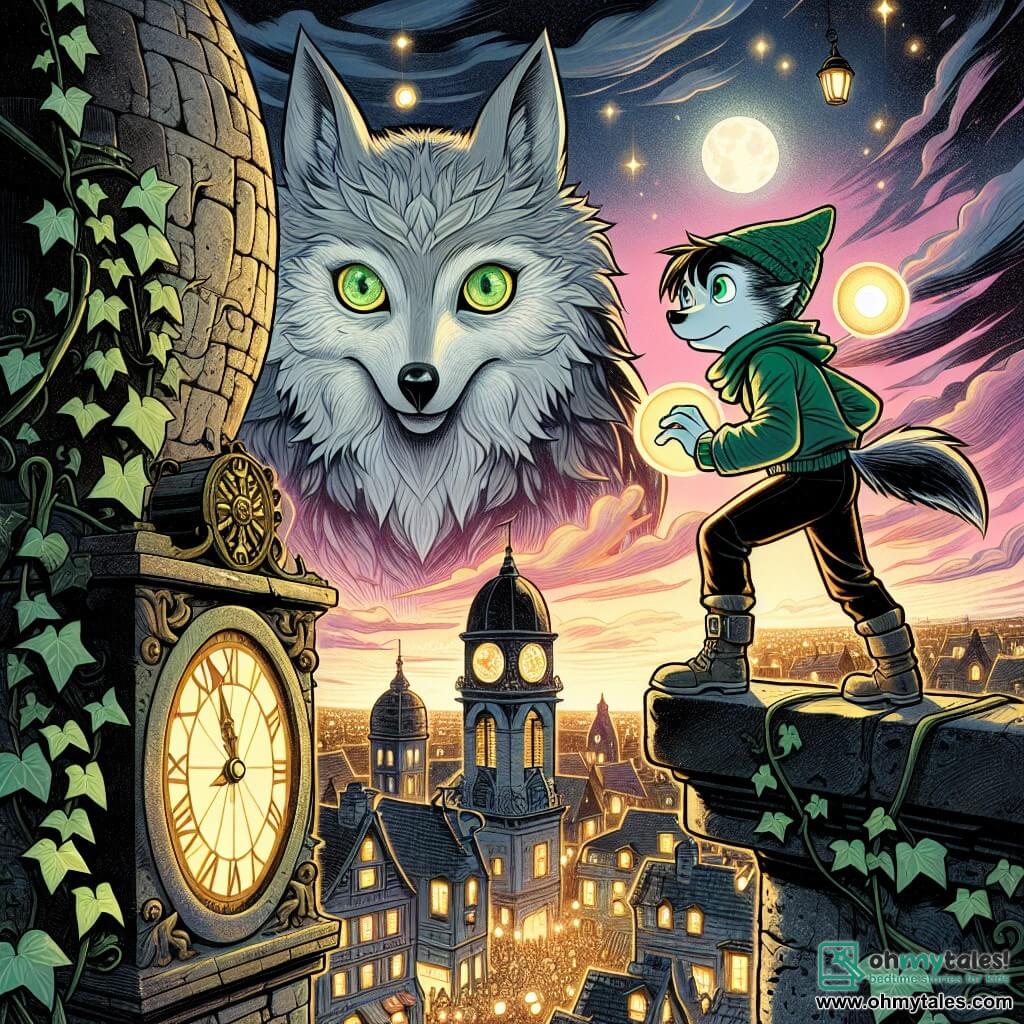 At the top of an old stone bell tower, a small silver wolf named Finn stands proudly, his green and gold eyes shining with excitement and determination. He gazes into the distance, with the city of Groovehaven sprawling below him, illuminated by twinkling lanterns and colorful neon lights. Beside him, a majestic owl named Archimedes, with silver and gold feathers, watches attentively, his round and wise eyes filled with pride. He perches on an ancient clock, his wings slightly spread, ready to guide Finn on his quest. The sky is tinged with pink and orange as the sun sets, and the city is lively, with cobblestone streets and brick buildings adorned with climbing plants. Shadows dance on the walls, creating a magical and mysterious atmosphere. The main scene shows Finn and Archimedes preparing to open a magical portal, surrounded by a bright glow emanating from the clock, symbolizing the adventure and magic that await them.