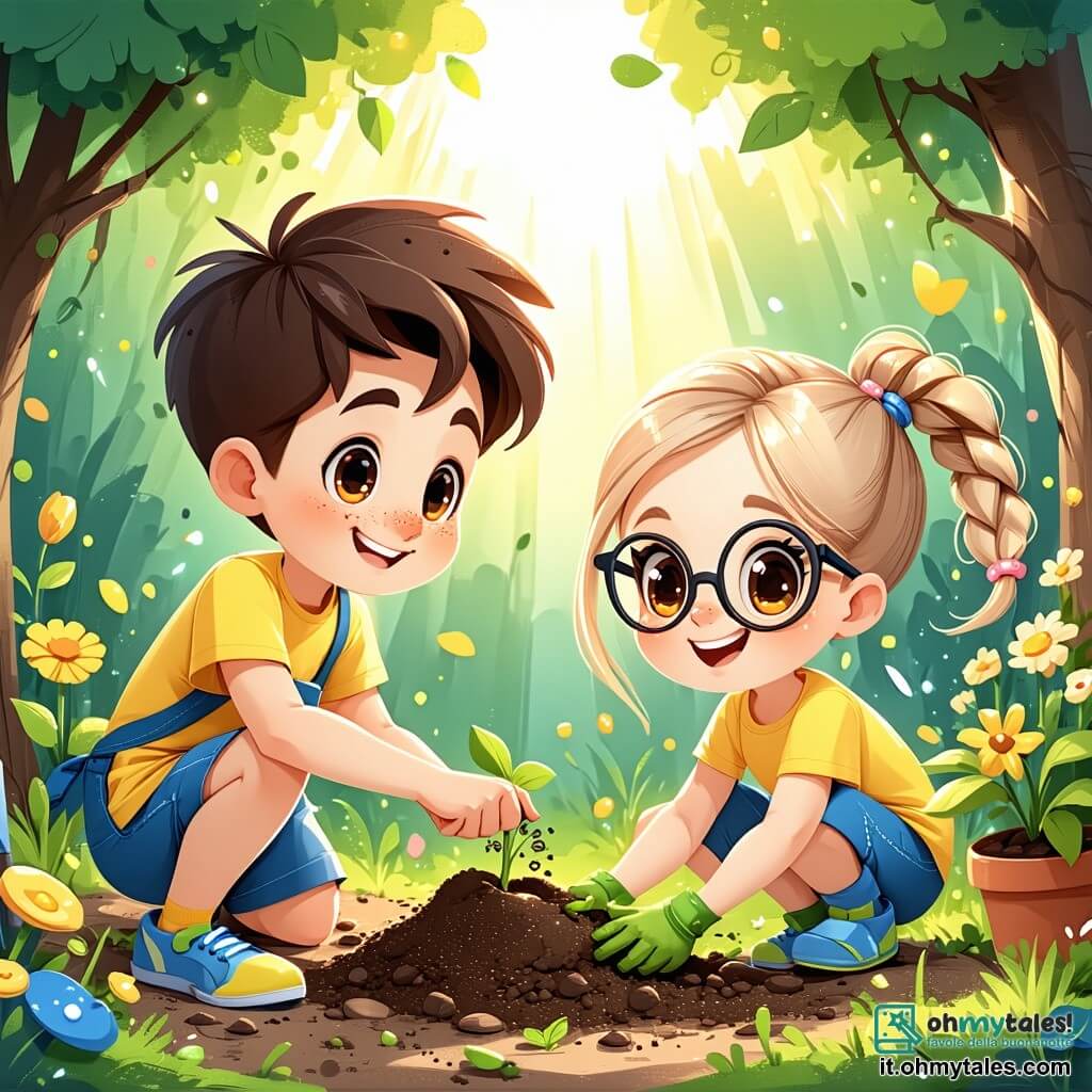 Un ragazzo di 6 anni, di nome Luca, con capelli castani in disordine e occhi pieni di curiosità, sta piantando semi in un giardino soleggiato. Indossa una maglietta gialla brillante e pantaloni corti blu, e il suo volto è illuminato da un grande sorriso di eccitazione. Accanto a lui, la sua migliore amica Sofia, una ragazza di 6 anni con capelli biondi intrecciati e occhiali rotondi, lo incoraggia tenendo un annaffiatoio colorato. Indossa un vestito a fiori e osserva Luca con ammirazione. Il giardino è pieno di fiori colorati, tulipani rossi e margherite bianche, con un grande albero verde sullo sfondo. Il cielo è blu e punteggiato di nuvole bianche e soffici, creando un'atmosfera gioiosa e primaverile. Luca, concentrato e felice, scava un piccolo buco nella terra per mettere i suoi semi, mentre Sofia, entusiasta, si prepara ad annaffiare le piante appena seminate. È un momento magico di condivisione e scoperta della bellezza della natura in primavera.