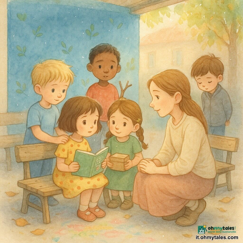 Ci sono cinque bambini: Nina, femmina ~5 anni, capelli castani corti, vestito giallo a pois rossi, tiene un piccolo quaderno verde aperto, seduta su una panchina a sinistra, timida ma coraggiosa; Leo, maschio ~5 anni, capelli biondi scompigliati, maglietta blu, accanto a Nina a sinistra in atteggiamento protettivo con una mano sulla sua spalla; Sara, femmina ~5 anni, capelli castani con trecce e una molletta a stella, vestito verde, vicino a Nina a destra con una scatolina di cartone, sguardo benevolo; Amir, maschio ~5 anni, pelle più scura, maglietta rossa, tiene un rametto a forma di Y, posizionato dietro il gruppo attento e pronto a intervenire; Tommi, maschio ~6 anni, capelli castani, giacca grigia, in piedi un po' indietro con testa china e mani dietro la schiena, rammaricato. Ambientazione: angolo del cortile dietro il portico, pavimento in cemento chiaro con tracce di gesso colorato, muro blu vivo con piccole foglie dipinte, due panchine di legno usurato, luce dolce del tardo pomeriggio e palette pastello. Situazione principale: la maestra è inginocchiata al centro a destra, viso calmo ed empatico, ascolta Nina; i bambini formano un semicerchio in un'atmosfera di riparazione e ascolto; si vede il quaderno verde aperto con alcune parole e un piccolo cuore disegnato, scena di riconciliazione dopo una ferita verbale con gesti di sostegno e sguardi comprensivi.
