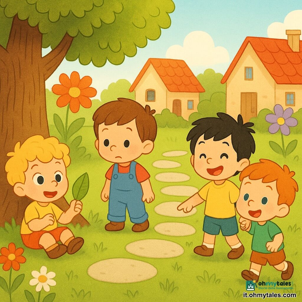 Ci sono quattro bambini di 3 anni: Lino, biondo riccio, seduto a sinistra sotto l'albero con una foglia in mano; Timo, castano liscio con una salopette blu, al centro-sinistra che guarda il sentiero; Bobo, capelli neri spettinati e sempre sorridente, a destra che tiene la mano di Nino; Nino, rosso e curioso, indica le pietre del sentiero; in un giardino di paese diurno con erba verde, grandi fiori colorati, un grande albero in alto a sinistra, casette sullo sfondo e un nuovo sentiero di pietre lisce; i quattro, mano nella mano sul bordo del sentiero, osservano le pietre brillanti con espressioni meravigliate in un'atmosfera dolce e luminosa, colori caldi, stile semplice e tondo con contorni netti e texture delicate tipo matita e acquerello.