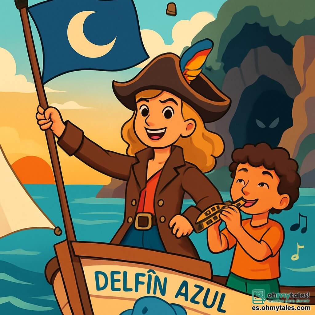 La capitana Mariela, una joven de cabello dorado y ojos llenos de determinación, se encuentra orgullosamente en la cubierta de su barco, el "Delfin Azul". Lleva un sombrero de pirata adornado con una pluma colorida y una chaqueta de cuero marrón, con una expresión de valentía y entusiasmo en su rostro. A su lado, Tico, un niño alegre de unos 10 años, con cabello rizado y una sonrisa brillante, toca la flauta, añadiendo un toque de magia a la atmósfera. El escenario es una bahía tranquila, iluminada por la luz dorada del sol poniente, con suaves olas y velas blancas ondeando al viento. En el fondo, rocas escarpadas ocultan una cueva misteriosa, donde se encuentran sombras inquietantes. La escena principal muestra a Mariela levantando la Bandera de Puerto Luna, lista para partir en una aventura para salvar a su amigo Nico, mientras Tico la anima con su música alegre, creando un ambiente de emoción y camaradería.