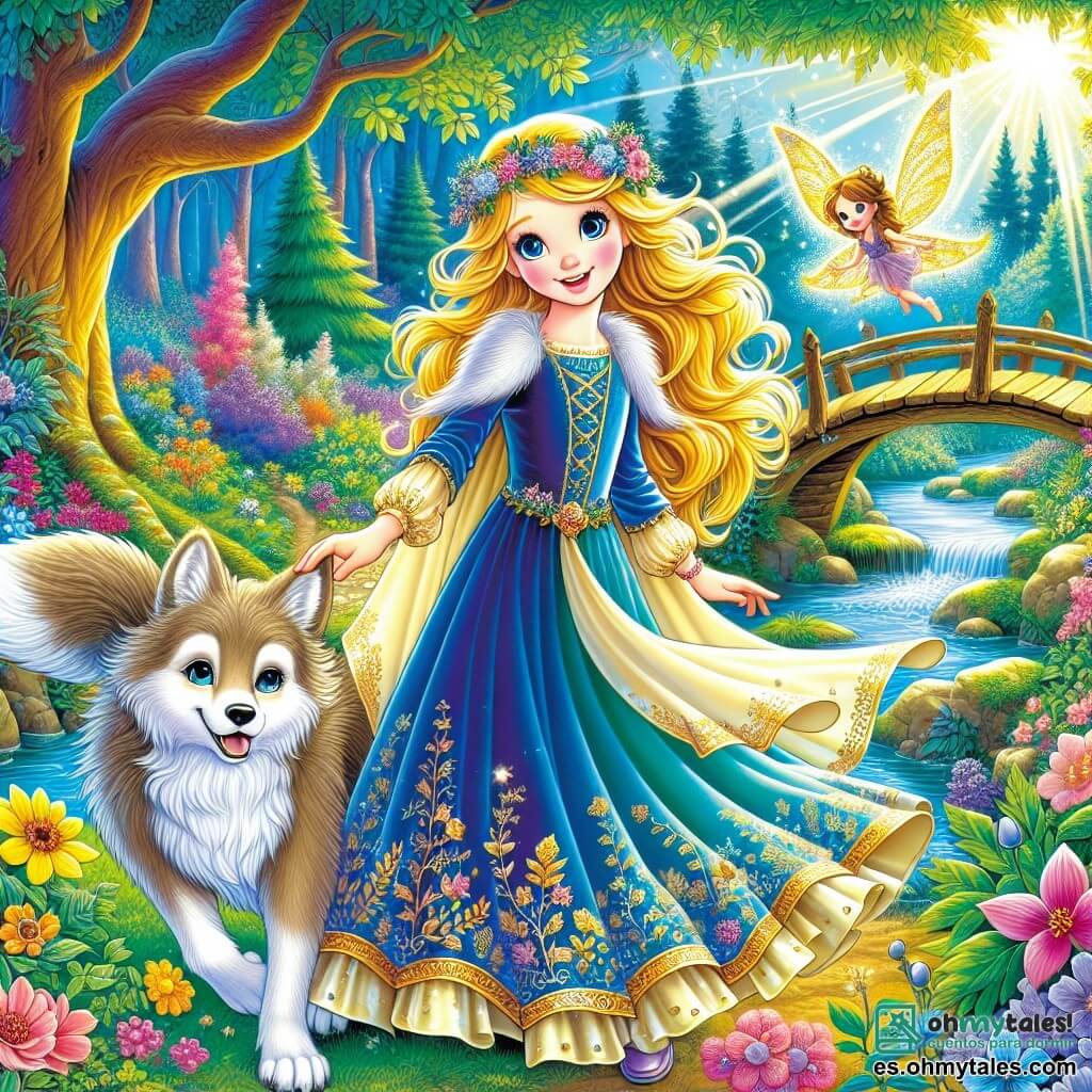 La princesa Lía, una niña de unos 10 años, está en el centro de la imagen, con cabello dorado que brilla al sol y ojos azul claro llenos de entusiasmo. Lleva un vestido de terciopelo azul adornado con motivos dorados y una capa ligera que flota detrás de ella, mostrando una expresión de determinación y alegría. A su lado, un pequeño lobo de pelaje marrón claro, con ojos suaves y agradecidos, está listo para ayudarla, mientras que una pequeña hada de alas brillantes y doradas, Miri, vuela a su alrededor, sonriente y llena de energía. El decorado es un hermoso jardín encantado, lleno de flores coloridas y grandes árboles con hojas brillantes, con rayos de sol filtrándose a través de las ramas. En el fondo, un viejo puente de madera, ligeramente desgastado, se extiende sobre un arroyo que murmura, añadiendo un toque de misterio a la escena. La situación principal muestra a Lía, Miri y el lobo preparándose para cruzar el puente, con Lía avanzando valientemente, lista para enfrentar los desafíos de su aventura para salvar su reino.