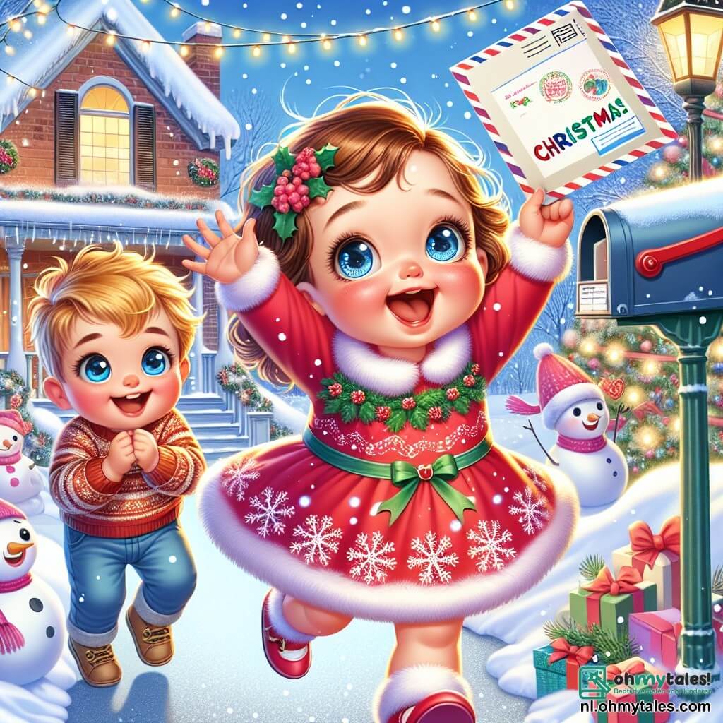 Een meisje van 1 jaar met grote, glanzende ogen en krullend haar glimlacht verwonderd terwijl ze een kleurrijke brief met de tekst "Voor Kerstmis" vasthoudt. Ze draagt een mooie rode jurk met sneeuwvlokmotieven. Naast haar kijkt een 5-jarig jongetje met blond haar en roze wangen opgewonden naar de brief, met zijn armen in de lucht, alsof hij wil helpen deze te versturen. De achtergrond toont een mooie besneeuwde binnenplaats met zacht vallende sneeuwvlokken en een groot houten huis versierd met fonkelende lichtjes. Kinderen maken sneeuwpoppen en zingen kerstliedjes, wat bijdraagt aan de feestelijke sfeer. Het belangrijkste moment toont het meisje en het jongetje die vrolijk naar de brievenbus rennen, vol ongeduld om hun brief voor de Kerstman in te leveren, omringd door gelach en de magie van Kerstmis.