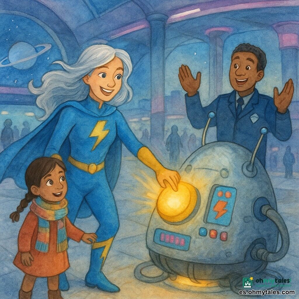 Una superheroína de sonrisa brillante y cabello plateado flotante, con traje azul eléctrico y botas con relámpagos dorados, pone una mano sobre un gran botón amarillo de un aparato metálico que emite un resplandor dorado; a su lado izquierdo una niña de unos 7 años, con trenzas y una gran bufanda colorida y ojos asombrados, también aprieta el mismo botón; detrás, ligeramente a la derecha, un hombre adulto (capitán Brío) con traje azul marino e insignia levanta las manos en señal de alivio y ánimo; el aparato ovoide metálico tiene antenas, paneles intermitentes y cables conectados a una plataforma luminosa; la escena ocurre en la pasarela de un aeropuerto orbital futurista con vidrio, metal y anillos planetarios visibles, mientras una luz azul y dorada pulsa entre la heroína y la niña al detenerse el temporizador y la multitud aplaude en una atmósfera heroica y reconfortante.