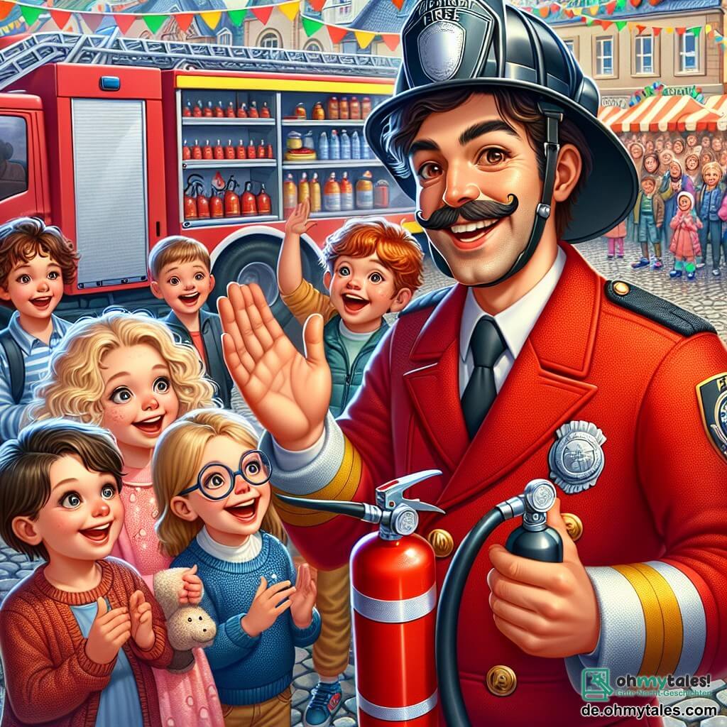 In der Mitte des Bildes steht ein lächelnder Feuerwehrmann, ein etwa 30-jähriger Mann mit einem Schnurrbart und braunen Haaren, der eine glänzende rote Uniform und einen Helm trägt. Er zeigt einer Gruppe von Kindern begeistert einen kleinen Feuerlöscher. 

Zu seiner Rechten hebt ein etwa 8-jähriges Mädchen mit lockigem, blondem Haar aufgeregt die Hand, ihre Augen funkeln vor Neugier. Zu seiner Linken schaut ein 7-jähriger Junge mit Brille und braunen Haaren bewundernd zu und hält ein kleines Feuerwehrabzeichen in der Hand.

Der Hintergrund zeigt einen lebhaften Markt, geschmückt mit bunten Ballons und Bannern, mit einem großen glänzenden roten Feuerwehrwagen im Hintergrund, der auf einem gepflasterten Boden parkt.

Die Szene zeigt den Feuerwehrmann, der den Kindern erklärt, wie man einen Feuerlöscher benutzt, während Lachen und freudige Rufe um sie herum hallen und eine festliche, lehrreiche Atmosphäre schaffen.