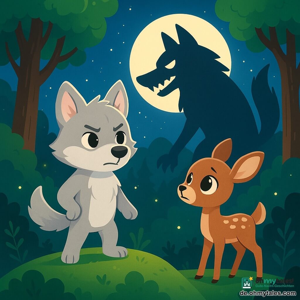 Ein kleiner Wolf mit sanften Augen und hellgrauem Fell, mit einem entschlossenen und mutigen Ausdruck, steht auf einem kleinen Hügel, der mit grünem Moos bedeckt ist, bereit, seine Freundin zu verteidigen. Neben ihm schaut ein junges Rehkitz mit großen, glänzenden Augen und hellbraunem Fell, das eine Mischung aus Angst und Hoffnung ausdrückt, vertrauensvoll zu dem Wolf. Die Szenerie ist ein verwunschener Wald, in dem majestätische Bäume mit dicken Stämmen und leuchtend grünen Blättern in einen sternenklaren Himmel ragen, erleuchtet von einem großen, sanften Mondschein. Die Szene spielt in der Dämmerung, mit tanzenden Schatten und schimmernden Glühwürmchen, die der Atmosphäre einen magischen Touch verleihen. Der kleine Wolf bereitet sich darauf vor, einem großen bösen Wolf gegenüberzutreten, dessen bedrohlicher Schatten sich hinter den Bäumen abzeichnet und einen auffälligen Kontrast zum sanften Licht des Mondes schafft.