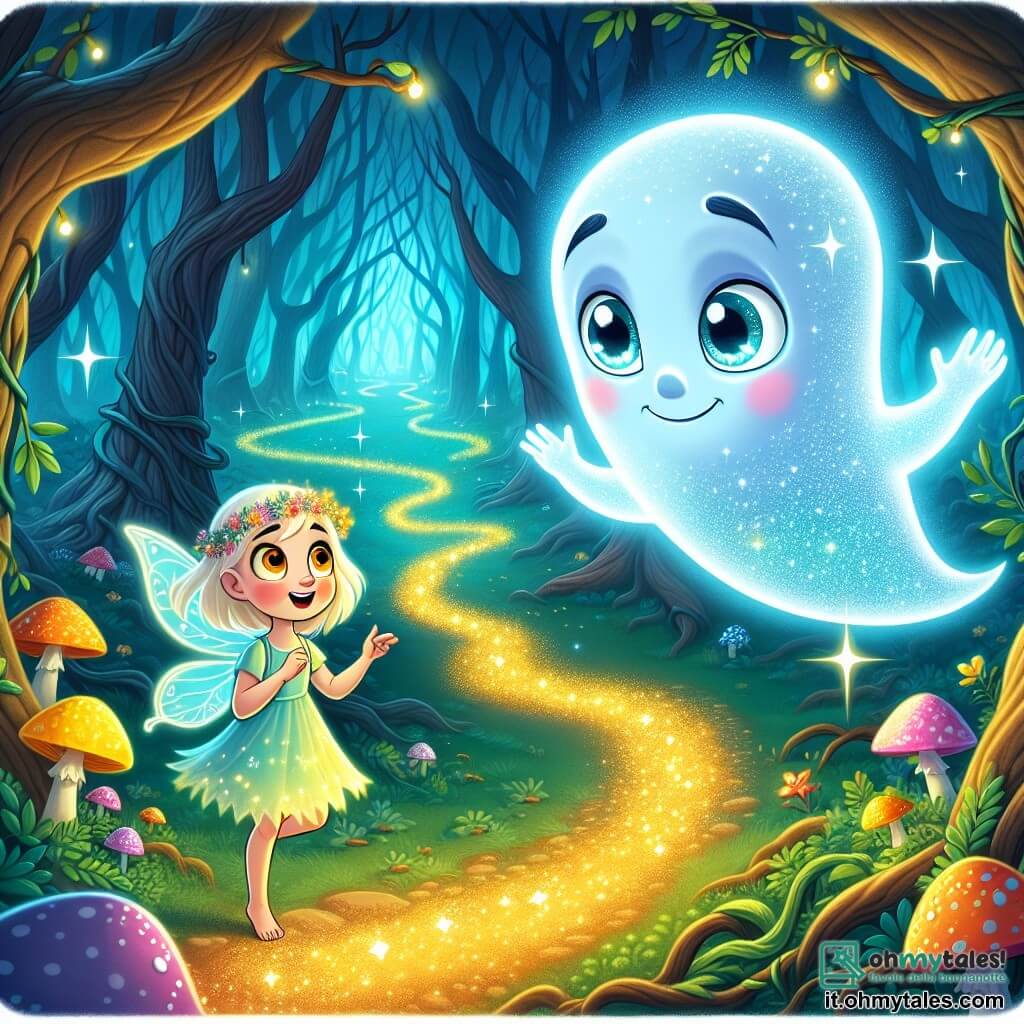Un giovane fantasma di nome Luno fluttua sopra un sentiero scintillante, il suo mantello trasparente brilla come stelle e il suo volto esprime curiosità mista a preoccupazione. Ha grandi occhi luminosi e una leggera luminescenza blu che lo circonda, mentre osserva attentamente i tre sentieri incantati davanti a lui. Vicino a lui, una piccola fata dalle ali iridescenti, di nome Lila, vola attorno a lui. Ha circa 8 anni, capelli dorati e un vestito fatto di petali di fiori, sembra felice, sorridendo mentre cerca di rassicurare Luno. Il contesto è una foresta magica, con alberi dai tronchi contorti e foglie scintillanti, funghi luminescenti illuminano il terreno, e una leggera nebbia danza tra le radici. In lontananza, si delineano silhouette di animali fantastici nell'ombra. La situazione principale mostra Luno esitante tra i tre sentieri incantati, mentre Lila lo incoraggia a scegliere il suo cammino, creando un'atmosfera di mistero e avventura.