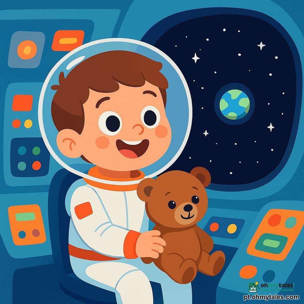 Um garotinho chamado Pedro, de 6 anos, usa um traje de astronauta brilhante e macio, com um capacete transparente. Ele tem um grande sorriso maravilhado no rosto, seus olhos brilham de alegria enquanto olha pela janela de sua nave espacial. Ao seu lado, seu ursinho de pelúcia, com pelagem marrom e olhos redondos, também parece feliz, sentado em seu colo. A cena acontece dentro de uma nave espacial futurista, com painéis de controle coloridos, botões piscantes e uma grande janela que oferece uma vista espetacular do espaço negro salpicado de estrelas cintilantes. Pedro admira a beleza das estrelas e da Terra, que aparece como uma pequena bola azul embaixo. Ele está cativado pela magia do universo, pronto para explorar as maravilhas do cosmos.