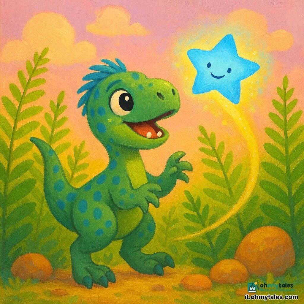 Un piccolo velociraptor chiamato Riki, allegro e curioso, osserva con grandi occhi brillanti una luce stellare blu scintillante; ha pelle verde macchiata di azzurro chiaro, penne corte sulla testa, denti minuscoli non minacciosi e agita delicatamente le zampe, mentre tra alte felci verdi con nervature visibili e pietre rotonde color ocra riscaldate dal sole, sotto un cielo rosa pastello con poche nuvole soffici, segue la luce meravigliato e non impaurito.