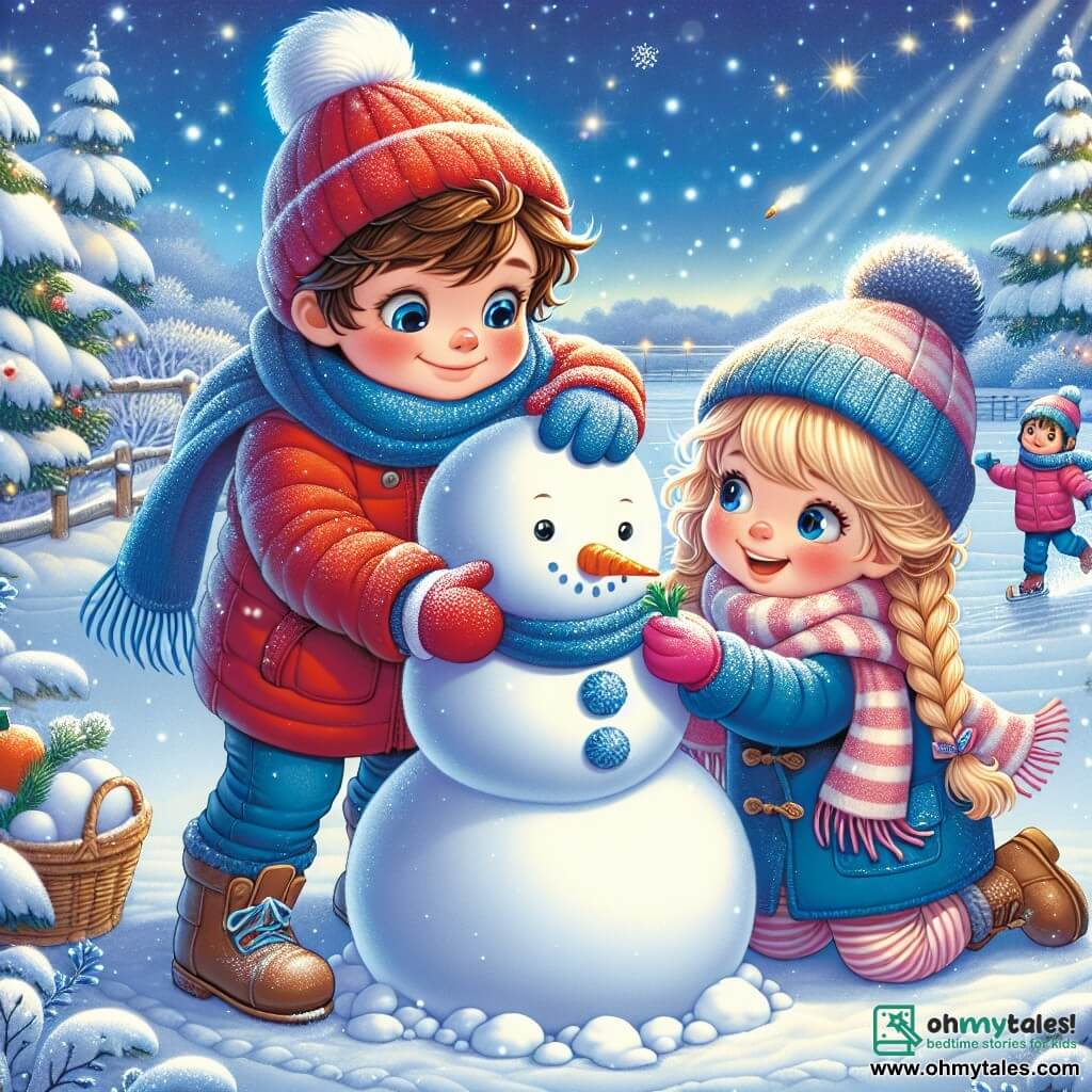 A 5-year-old boy named Sammy, with messy brown hair, is wearing a bright red jacket, a blue hat with a pom-pom, and blue gloves. He has a big smile on his face, his cheeks rosy from the cold, and he is making a snowman by rolling a large snowball. Next to him is his neighbor Lucy, a 6-year-old girl with braided blonde hair, wearing a pink coat and a striped scarf. She is laughing as she adds a carrot for the snowman's nose. The setting is an enchanting winter landscape, with trees covered in sparkling snow, a clear blue sky, and gently falling snowflakes. The ground is blanketed in a thick layer of pristine snow, and in the distance, children can be seen skating on a frozen pond. The main scene shows Sammy and Lucy joyfully building a snowman, surrounded by laughter and winter magic, capturing the spirit of winter and friendship.