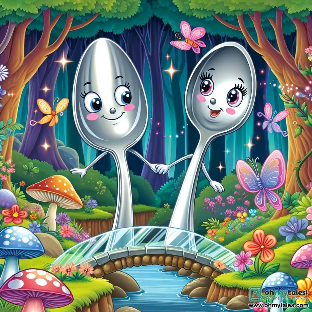 In an enchanted forest, Spencer, a slightly tarnished silver spoon, stands at the center of the scene with a determined smile on his face. His eyes sparkle with excitement as he walks along a winding path, surrounded by colorful flowers and dancing mushrooms. Beside him, Lucy, a shiny and elegant ladle, shows a look of surprise and friendship, her gleaming curves reflecting the sunlight. She is slightly behind, ready to encourage Spencer in his quest. The setting is a magical forest, where twisted trees rise towards the sky, their leaves shimmering like stars. Glimmers of light and fantastic creatures, such as fairies and colorful butterflies, add a touch of magic to the environment. The main situation shows Spencer and Lucy preparing to cross a sparkling glass bridge over a stream, with bubbles and light bursts in the air, symbolizing the adventure and friendship that unite them in this fantastic journey.