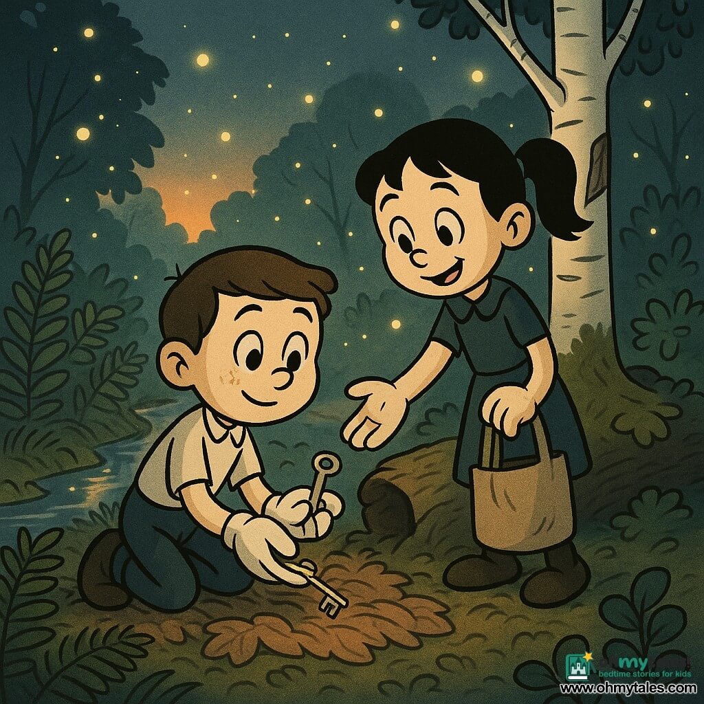 A 12-year-old boy with a round face, short brown hair and calm wide eyes crouches on a carpet of wet leaves holding a small metal key in his gloved hand; an 11-year-old girl with black hair in a ponytail, a relieved smile and a tote bag stands slightly behind him by a mossy log, reaching for the key; a young birch with a pale trunk and a broken branch leaning against it has a large green leaf like a bandage; a narrow stream to the left glints with golden dusk reflections, ferns and hazel bushes form a semicircle around them, thousands of yellow-green fireflies float in a soft halo with some lights reflected on the water; color palette of soft midnight blue, moss green, earthy brown, warm yellow fireflies and orange sunset glow; simple clear composition, slight low-angle perspective, rounded lines, soft shadows, paper texture and grainy retro, soothing finish.