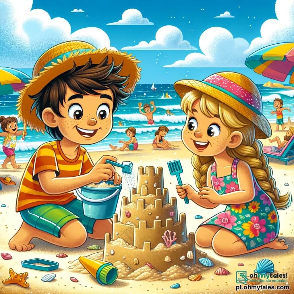 Um menino de 8 anos, com cabelos castanhos bagunçados e um grande sorriso, está construindo um castelo de areia em uma praia ensolarada. Ele usa um maiô colorido e um chapéu de palha, e seus olhos brilham de excitação enquanto molda uma torre de areia com seu balde e pá. Ao lado dele, sua irmã Ana, também de 8 anos, com cabelos longos e loiros trançados, o ajuda adicionando conchas decorativas ao castelo. Ela usa um maiô florido e tem um sorriso alegre, admirando seu irmão. Ao fundo, a praia é cercada por ondas cintilantes, guarda-sóis coloridos e famílias aproveitando o sol, sob um céu azul vibrante com algumas nuvens brancas. A cena principal mostra o menino e sua irmã em plena atividade, cercados por risadas de outras crianças brincando na areia, criando uma atmosfera alegre e de verão.