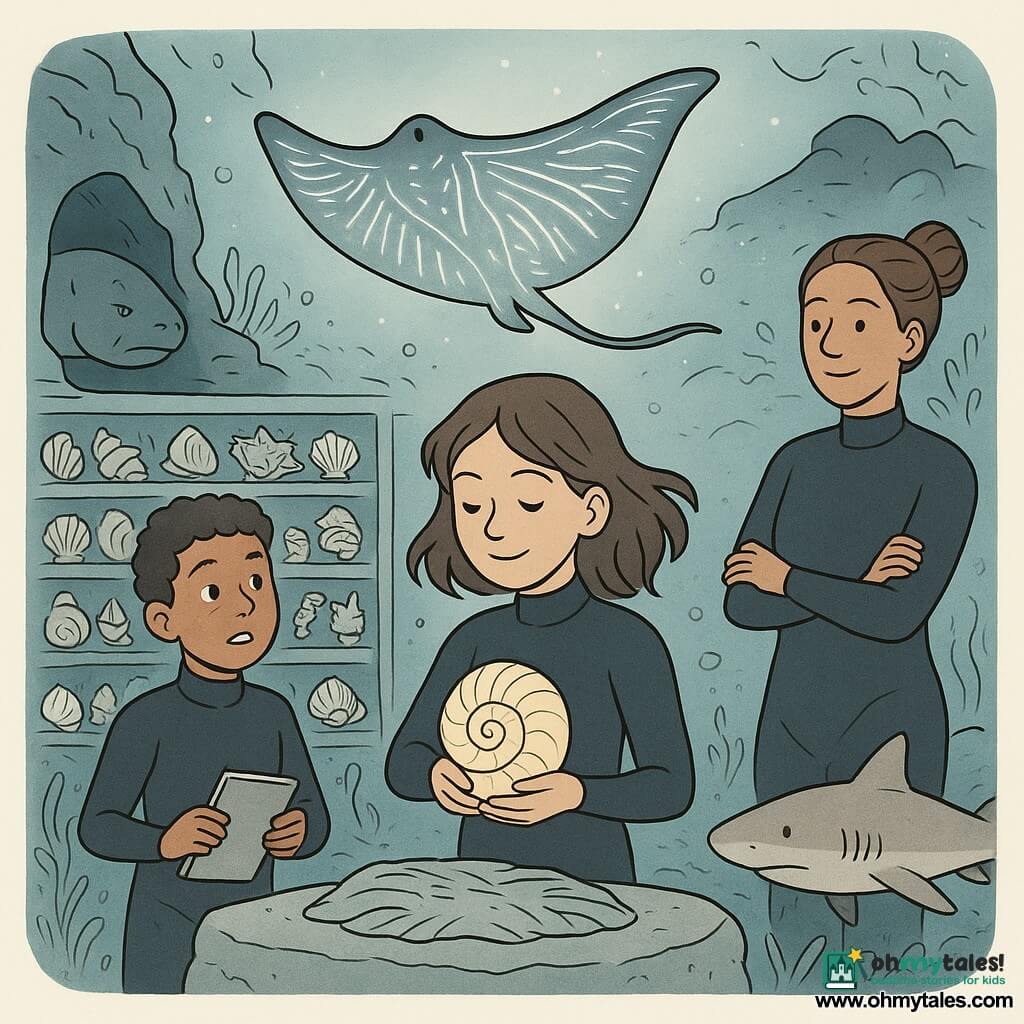 A calm, curious 12-year-old girl with mid-length hair drifting in the current, wearing a snug wetsuit, holds a shiny spiral shell to her chest with a focused, tender smile; an about-11-year-old boy, Milo, nervous and awed in a wetsuit, floats nearby holding a waterproof notebook and looking at the shell; Aunt Lila, an adult woman with hair up and a reassuring silhouette, stands slightly back with folded hands; a large bioluminescent ray, Brinewing, glides protectively above a central stone table, its wide wings lined with light; a sculpted coral wall forms shelves filled with hundreds of varied shells—spirals, fans, bowls—some glittering; a rocky opening reveals, in shadow, a curled moray eel, Grit, appearing conflicted but vulnerable as it watches the shell’s return; a shark, Rill, with sand-like skin patterns, stays just behind the group, calm and watchful; the underwater atmosphere is dark softened by bioluminescence, drifting plankton, fine bubbles and floating algae with diffuse light from the ray and corals; the main scene depicts the solemn return of the spiral shell on a bed of seagrass at the center of a shell library, emphasizing repair and empathy among the characters.