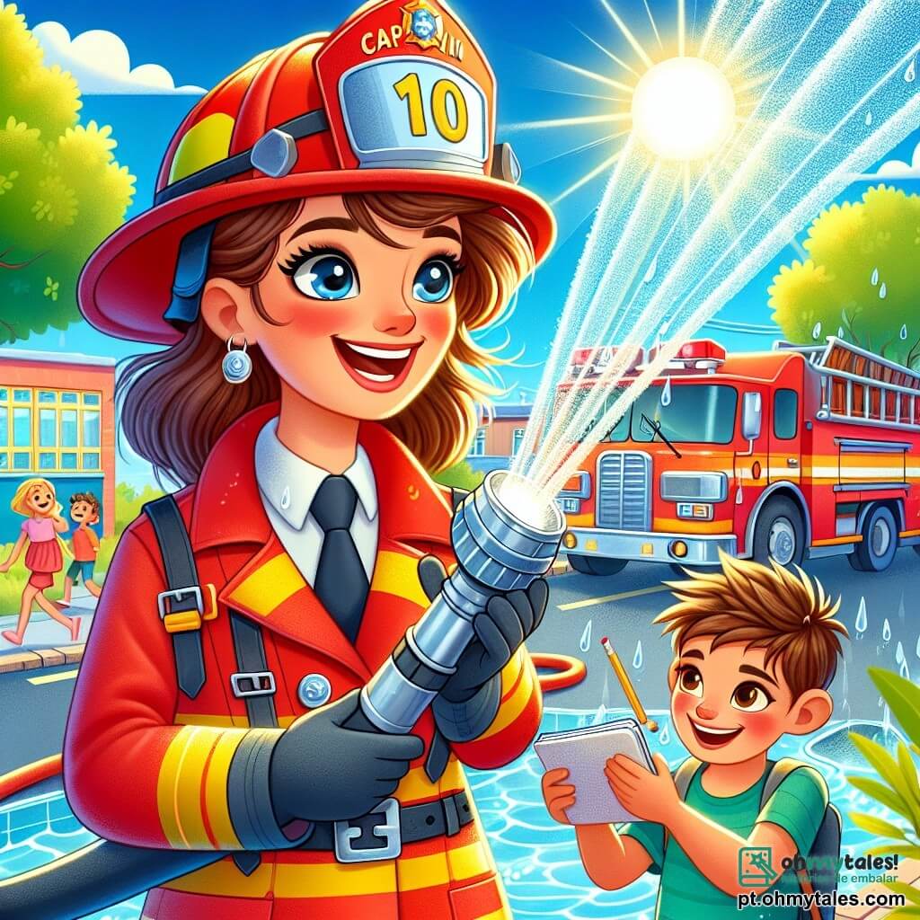 A capitã Catarina, uma mulher corajosa de cerca de trinta anos, veste um uniforme de bombeiro vermelho vivo, com um capacete brilhante na cabeça. Seu rosto expressa determinação e alegria, seus olhos brilhando de orgulho enquanto sorri segurando uma grande mangueira de incêndio. Ao seu lado, Tomás, um garoto de 10 anos, com cabelos castanhos bagunçados e olhos curiosos, observa com admiração, segurando um pequeno bloco de notas e um lápis, pronto para anotar tudo o que aprende. A cena ocorre diante de um caminhão de bombeiros vermelho brilhante, estacionado em uma estrada ensolarada, cercado por árvores verdes e uma escola colorida ao fundo. Crianças riem e se divertem ao redor, criando uma atmosfera alegre e dinâmica. A situação principal mostra Catarina explicando a Tomás como usar uma mangueira de incêndio, enquanto gotas d'água brilham ao sol, adicionando um toque de magia a este momento de aprendizado.