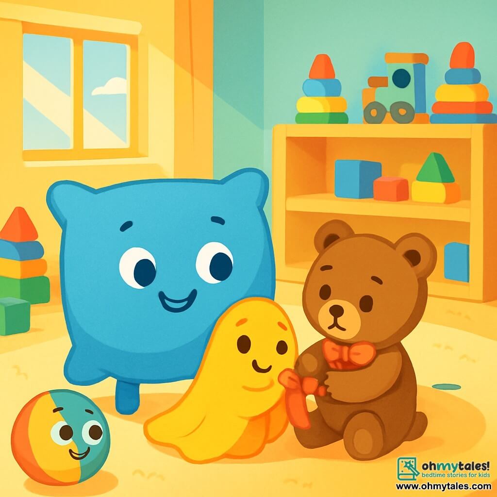 A soft blue cushion named Benny, with a joyful smile and sparkling eyes, stands at the center of a large sunny playroom. Next to him, a bright yellow blanket named Sunny is wrapped around his edges, displaying a friendly and warm expression. Pippa, a brown teddy bear with a pretty red ribbon, looks on with a worried face, sitting on the plush floor, while Milo, a colorful ball, rolls joyfully nearby with a mischievous expression. The playroom is filled with colorful toys, pastel-painted walls, and sunlight filtering through the windows. In the center, Benny and Sunny are helping Pippa free her stuck ribbon, creating a scene full of camaraderie and happiness.