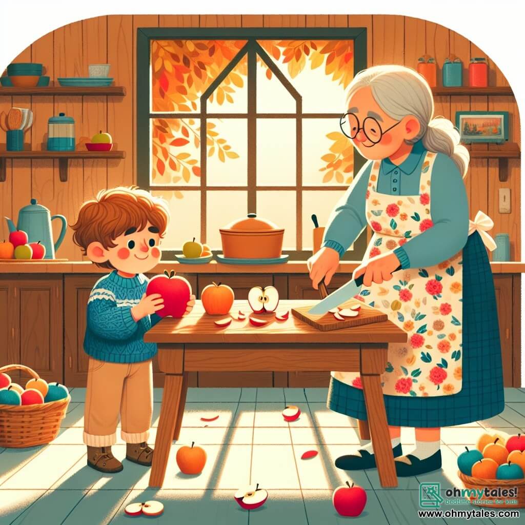 A 2-year-old boy named Ben, with brown hair and round cheeks, is wearing a blue wool sweater and beige pants. He smiles in wonder while holding a large red apple in his small hands. Next to him, his grandmother, a woman about 65 years old with gray hair and round glasses, is cutting apples with a knife in a warm kitchen filled with golden light. She wears a floral apron and smiles tenderly at Ben. The setting is a rustic kitchen with wooden walls, a large oak table laden with colorful apples, and windows letting in autumn sunlight that illuminates the golden leaves outside. The main scene shows Ben and his grandmother preparing an apple pie, with apple pieces scattered on the table, while Ben laughs joyfully, eager to taste their creation.