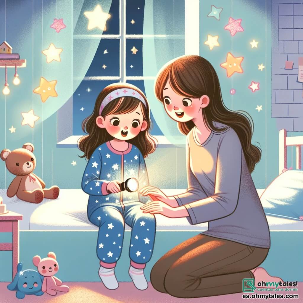 Una niña de 4 años, con largos cabellos castaños y ojos brillantes, está sentada en su cama, con una sonrisa de asombro en el rostro. Lleva un pijama azul con estrellas blancas y sostiene una pequeña linterna que ilumina la habitación. A su lado, su mamá, una mujer dulce de unos 30 años con cabello castaño y una sonrisa reconfortante, está agachada, mostrándole cómo usar la linterna. La habitación está decorada con paredes en tonos pastel, con pegatinas de estrellas brillantes y peluches de colores esparcidos sobre la cama. Una ventana deja entrar una suave luz de luna, creando un ambiente cálido. La escena muestra a la niña descubriendo la magia de la noche, iluminando las estrellas en sus paredes con la linterna, mientras su mamá la anima con ternura, transformando su miedo a la oscuridad en asombro.
