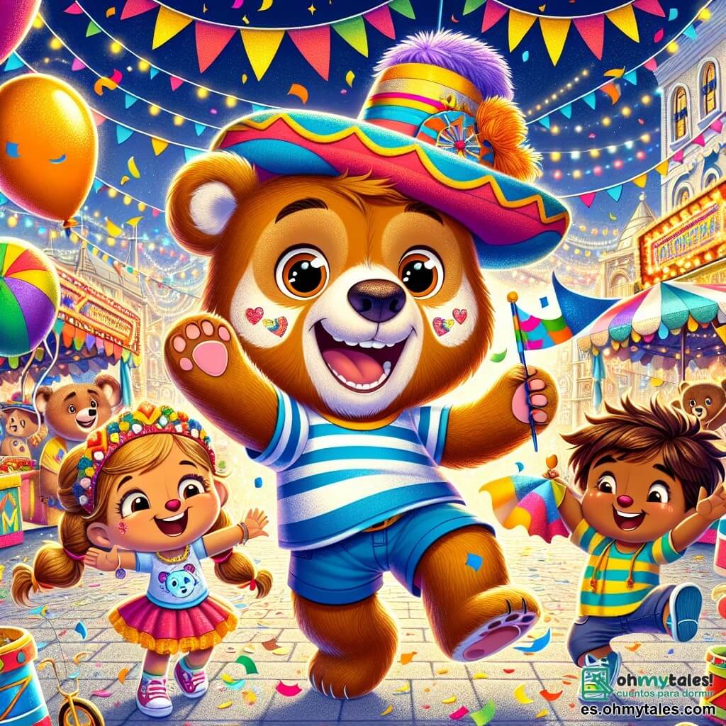 Ilustración que representa un oso alegre y curioso, con un pelaje suave y marrón, ojos brillantes de emoción y una gran sonrisa. Lleva un sombrero de carnaval colorido con un enorme pompón en la parte superior y baila con entusiasmo en medio de la fiesta. A su lado, una niña con trenzas, ojos brillantes y un rostro radiante de alegría, sostiene una pequeña bandera colorida y ríe mientras salta. Un niño aventurero, con el cabello despeinado y una camiseta a rayas, sonríe sosteniendo un gran globo en forma de estrella, listo para divertirse. El decorado es una plaza central animada, adornada con banderines coloridos, luces centelleantes y puestos de juegos. Confetis vuelan en el aire, y los niños ríen y bailan alrededor de una gran fuente que brilla bajo el sol poniente. La escena principal muestra al oso y sus amigos en plena celebración del carnaval, rodeados de risas y música, compartiendo momentos de alegría y amistad. Elementos gráficos adicionales incluyen globos flotantes, guirnaldas luminosas, animales en trajes festivos y dulces coloridos como caramelos y pasteles, creando una atmósfera festiva y mágica.