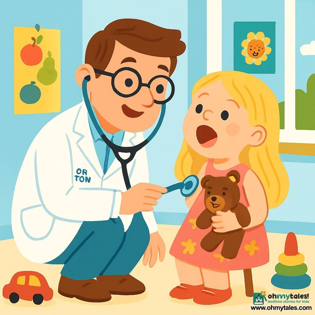 A smiling male doctor, Dr. Tom, is wearing a large white coat and a stethoscope around his neck. He has brown hair and round glasses, and his face expresses kindness and confidence. He is crouching down, listening to the heart of a little girl named Mia. Mia, a 5-year-old girl, has long blonde hair and is wearing a pink dress with flowers. She is holding a teddy bear close to her and smiling shyly. The scene takes place in a bright and welcoming clinic, with light blue walls and colorful posters of fruits and animals. Toys are scattered on the floor, and sunlight is coming through a window. Dr. Tom is listening to Mia's heart with his stethoscope, while Mia opens her mouth saying "Ahhh" like a little lion, showing that she is brave and amused.