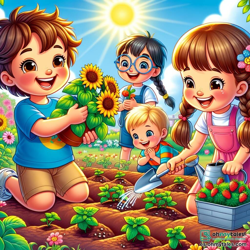 Un niño de 5 años llamado Pablo, con cabello castaño alborotado y ojos brillantes de alegría, está plantando semillas de girasol en un jardín soleado. Lleva una camiseta azul brillante y un short beige, y su rostro irradia emoción. A su lado, Ana, una niña de 5 años con trenzas rubias, sonríe sosteniendo una pequeña pala, lista para plantar fresas. Luis, un niño de 5 años con gafas redondas y cabello negro, riega sus plantas de menta mientras ríe con sus amigos. Sofía, una niña de 5 años con dos coletas castañas, observa atentamente las plantas, sosteniendo un cuaderno de bocetos. El jardín es un lugar vibrante, lleno de tierra marrón, pequeñas plantas verdes que comienzan a crecer y flores coloridas que bailan al viento. El cielo es azul y soleado, con algunas nubes blancas flotando. La escena principal muestra a los niños trabajando juntos con entusiasmo, cada uno cuidando su propia planta, compartiendo risas y ánimos, creando así un hermoso jardín lleno de vida y amistad.