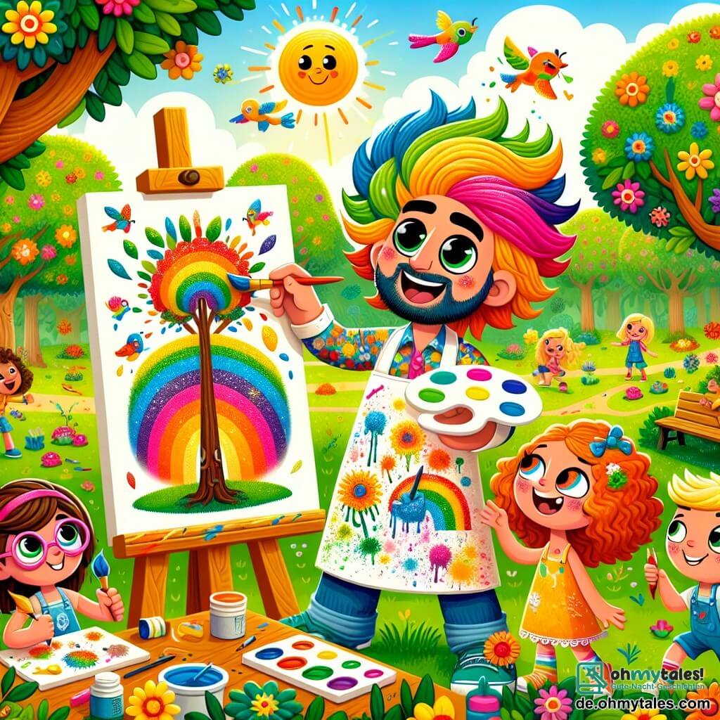 Ein Mann namens Herr Farbenfroh, mit langen, regenbogenbunten Haaren und kreativen, funkelnden Augen, steht im Mittelpunkt des Bildes und lächelt breit. Er trägt einen mit leuchtenden Farben bespritzten Maleranzug, hält in einer Hand einen großen Pinsel und in der anderen eine Farbpalette, bereit, die Kinder auf ihrem künstlerischen Abenteuer zu begleiten. Neben ihm malt Mia, ein 8-jähriges Mädchen mit lockigem Haar und runden Brillen, glitzernde Farbe auf eine Leinwand, ihre Augen strahlen vor Aufregung. Etwas weiter entfernt beobachtet Max, ein schüchterner 7-jähriger Junge mit zerzausten braunen Haaren, stolz sein buntes Bild eines großen Baumes voller bunter Vögel. Der Ort ist ein sonniger Park, voller leuchtender Blumen und großer, grüner Bäume. Der Himmel ist strahlend blau mit flauschigen weißen Wolken, und Kinder spielen fröhlich um sie herum, was eine Atmosphäre von Freude und Kreativität schafft. Die Hauptsituation zeigt Herr Farbenfroh und die Kinder, die im Freien gemeinsam malen, jeder drückt seine Kreativität auf weißen Leinwänden aus, während Lachen und lebendige Farben die Luft füllen und den Geist von Abenteuer und Kameradschaft illustrieren.