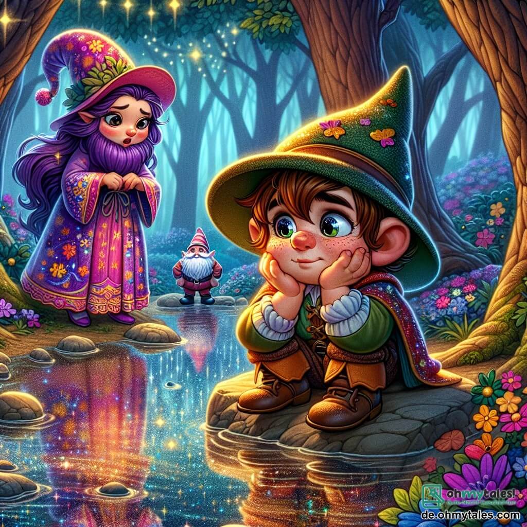 Ein kleiner schelmischer Wichtel mit einem großen spitzen Hut und funkelnden Augen sitzt auf einem Felsen am Ufer eines wunderschönen glitzernden Gewässers. Er sieht besorgt aus, mit leicht zusammengezogenen Augenbrauen, während er sein Spiegelbild im Wasser betrachtet und realisiert, dass er seinen Freunden gelogen hat. In der Nähe schaut eine Wichtelin mit lila Haaren, die ein buntes, mit Blumen verziertes Kleid trägt, den Wichtel mit einem enttäuschten Ausdruck an. Sie steht mit verschränkten Armen da, was zeigt, dass sie traurig, aber verständnisvoll ist. Ein anderer Wichtel, groß und kräftig, mit einem dichten Bart und einem warmen Lächeln, steht etwas im Hintergrund, die Hände in die Hüften gestützt, und zeigt eine unterstützende und tröstende Miene. Der Ort ist ein wunderschöner verzauberter Wald mit dicken Baumstämmen und glänzenden Blättern, während bunte Blumen überall blühen und eine magische, einladende Atmosphäre schaffen. Die Hauptsituation zeigt den Wichtel, der die Bedeutung von Ehrlichkeit erkennt, während er sich bei seinen Freunden entschuldigt, umgeben von der Schönheit der Natur, die den Weg zur Erlösung und zur Wahrheit symbolisiert.